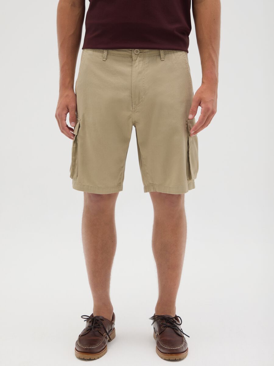 Men's beige regular fit pure cotton Bermuda shorts_1