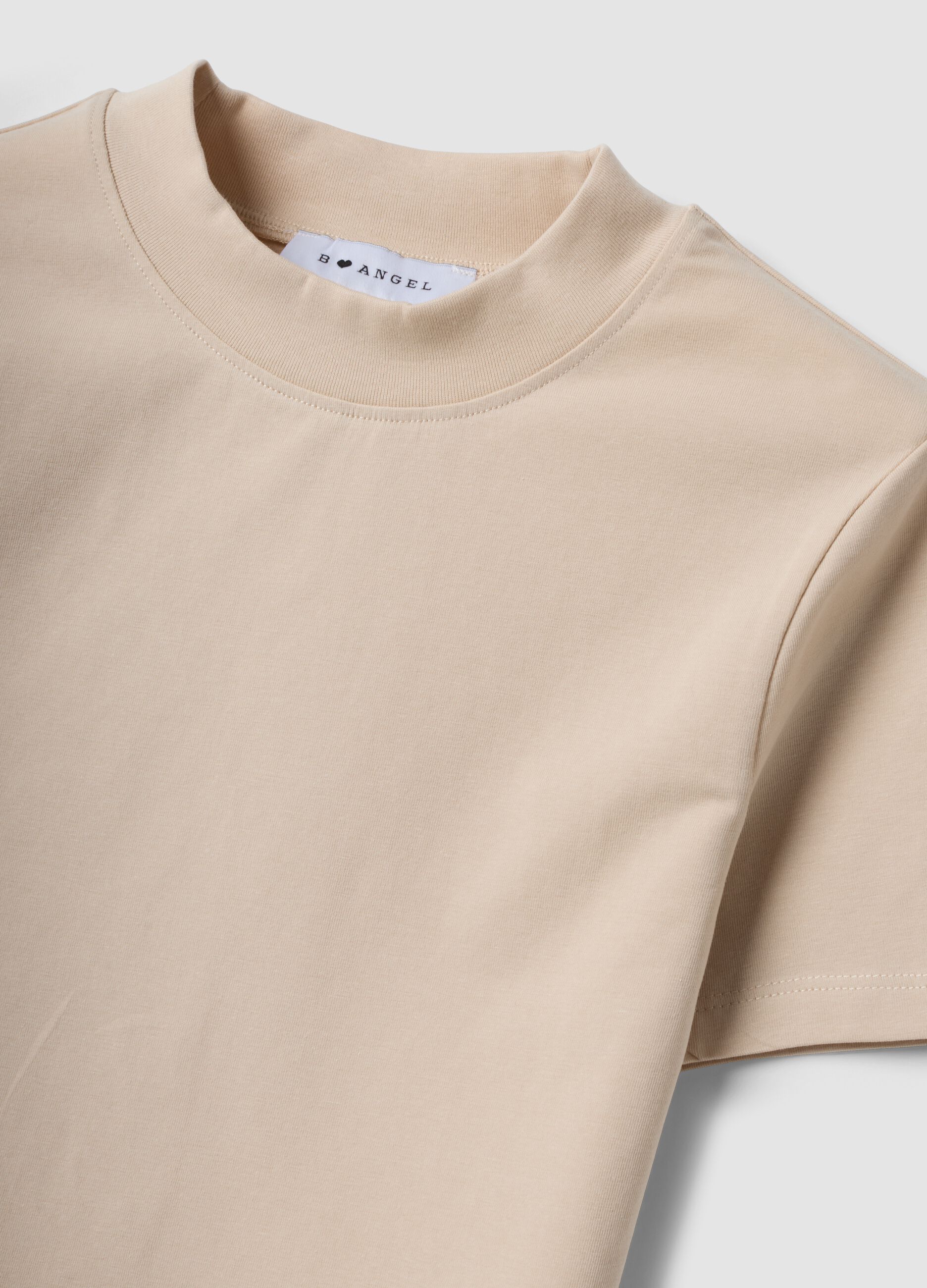 Beige fitted stretch-cotton T-shirt with high neck