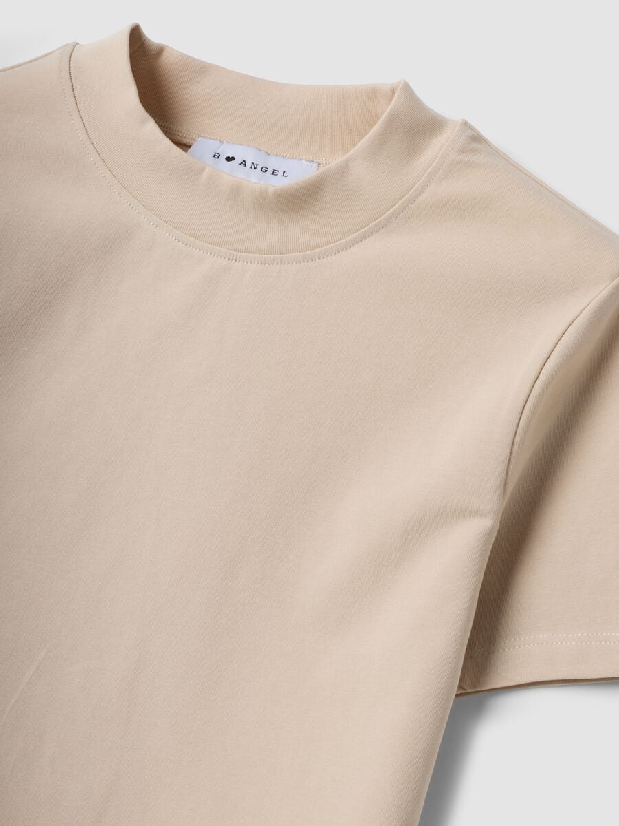 T-shirt fitted beige in cotone elasticizzato con collo rialzato_6