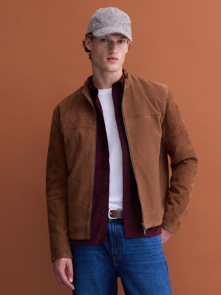 Giacca marrone in vera pelle con zip regular fit_0
