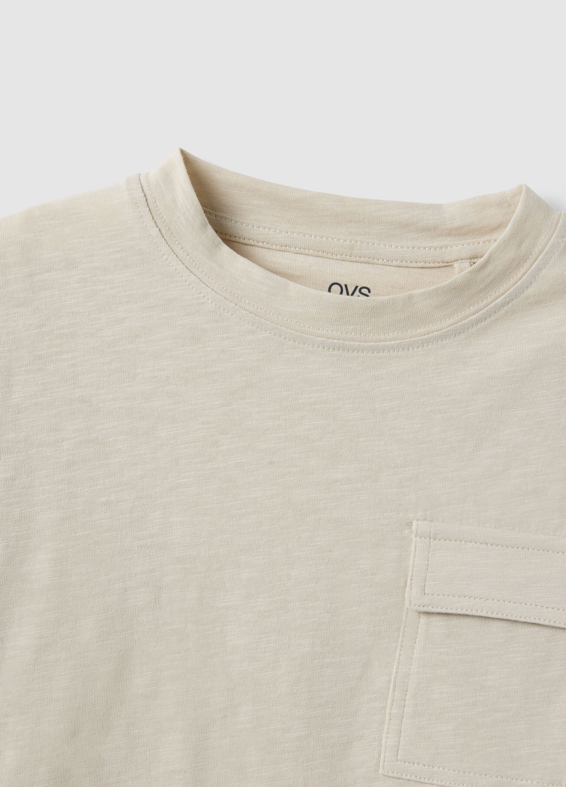 Children's beige pure cotton T-shirt regular fit with pocket