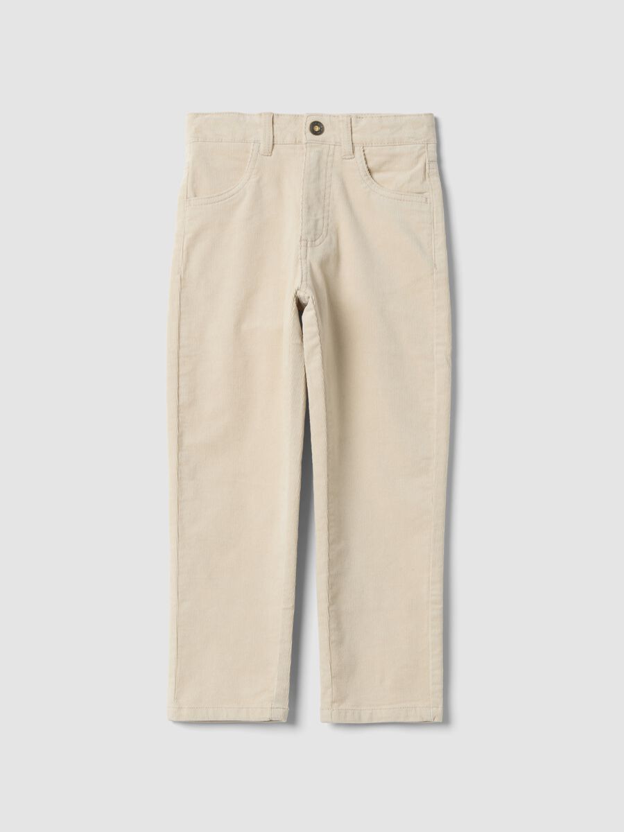Pantaloni beige in cotone elasticizzato a coste_0