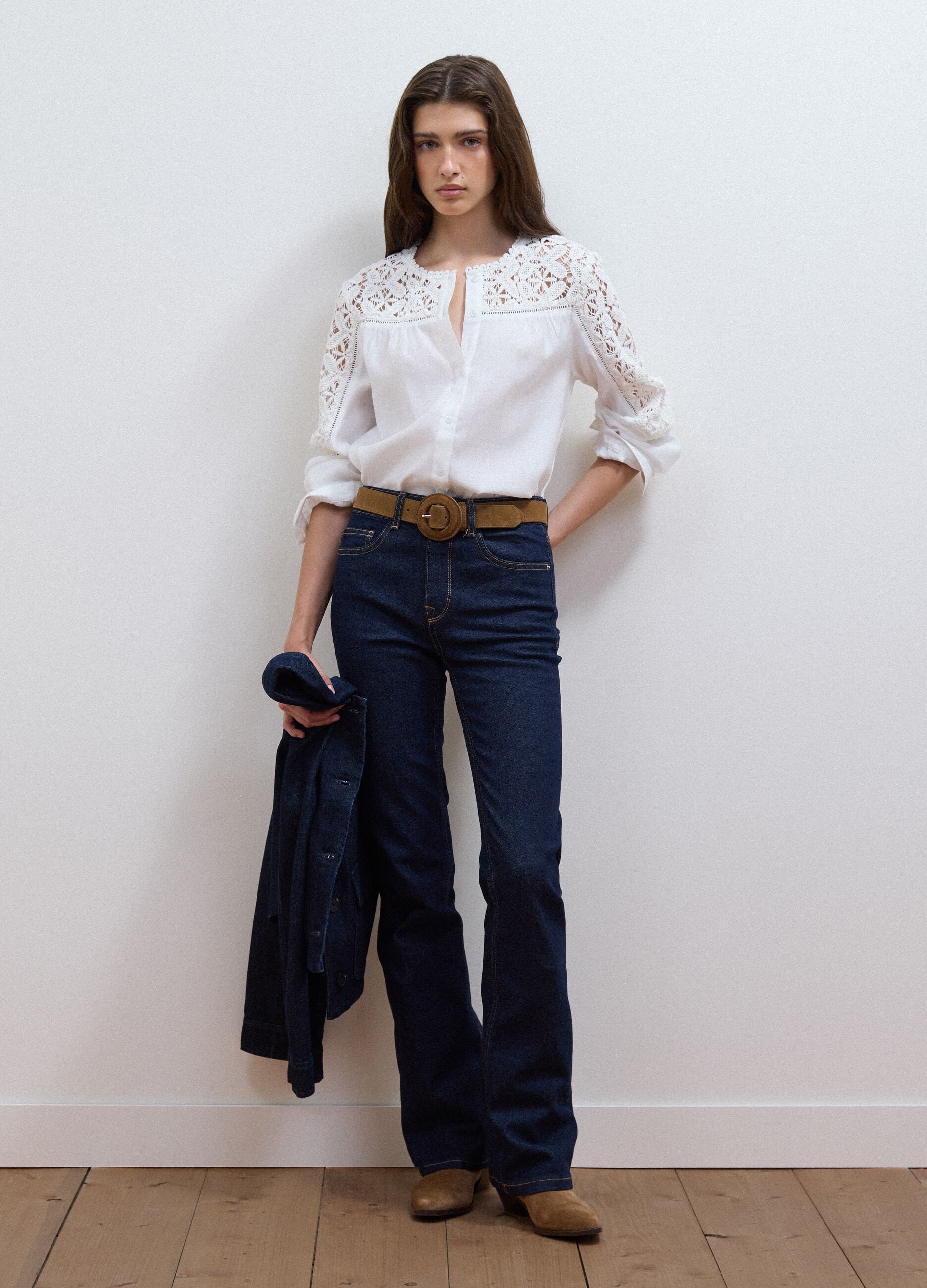 White regular-fit viscose-blend shirt with lace inserts