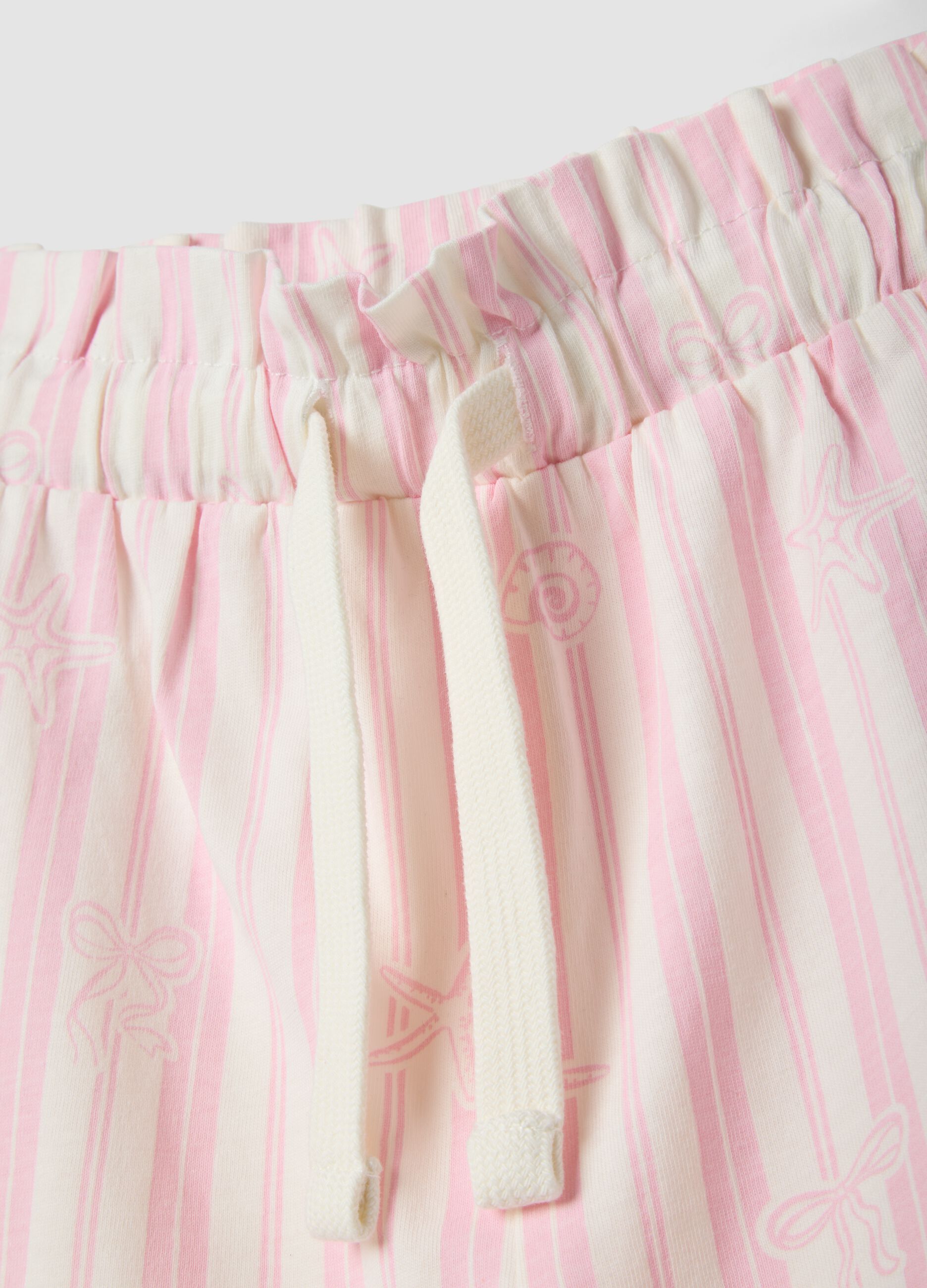 Girls&rsquo; pure cotton white and pink striped shorts with prints