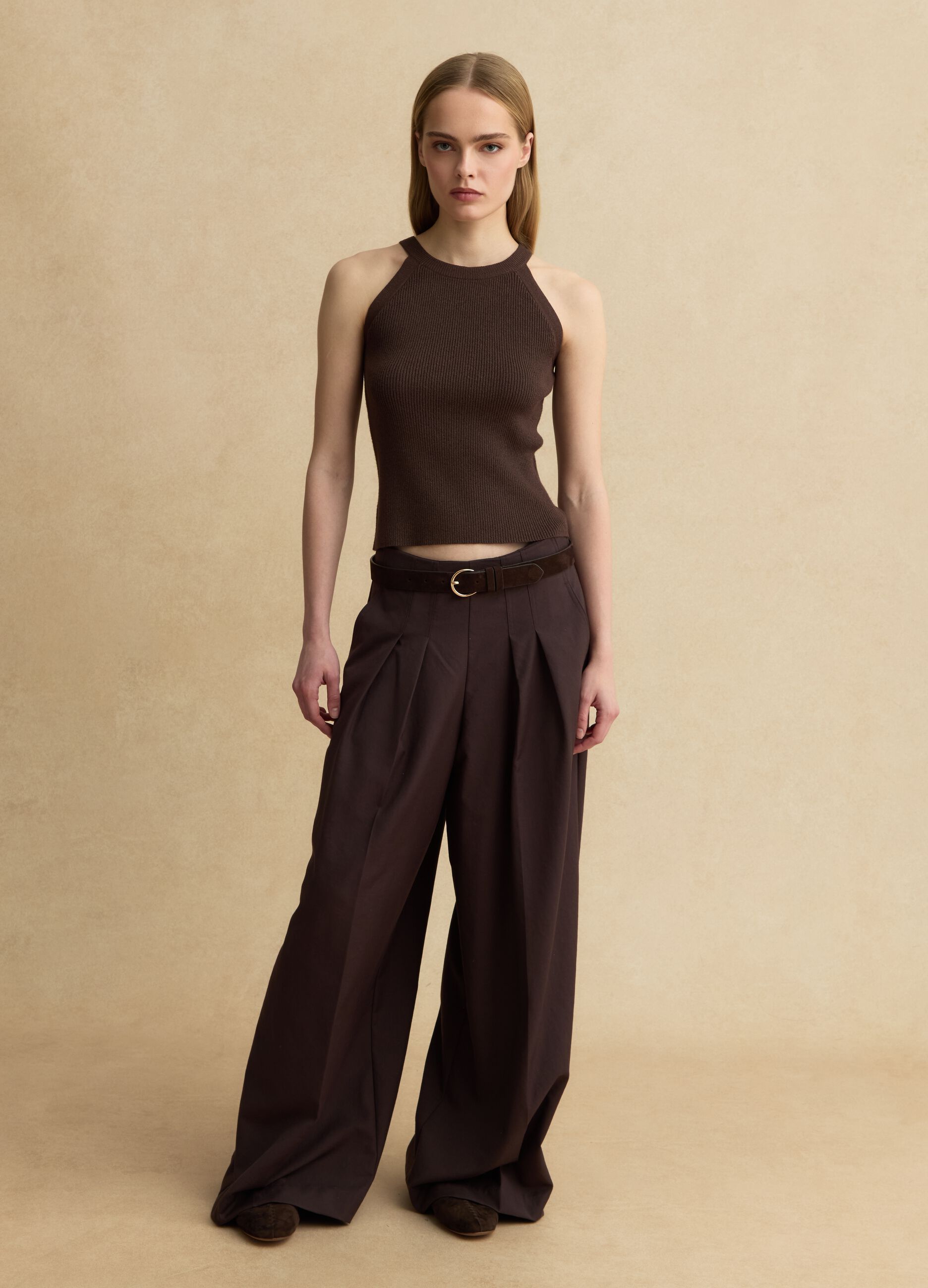 Fitted viscose blend brown tank top