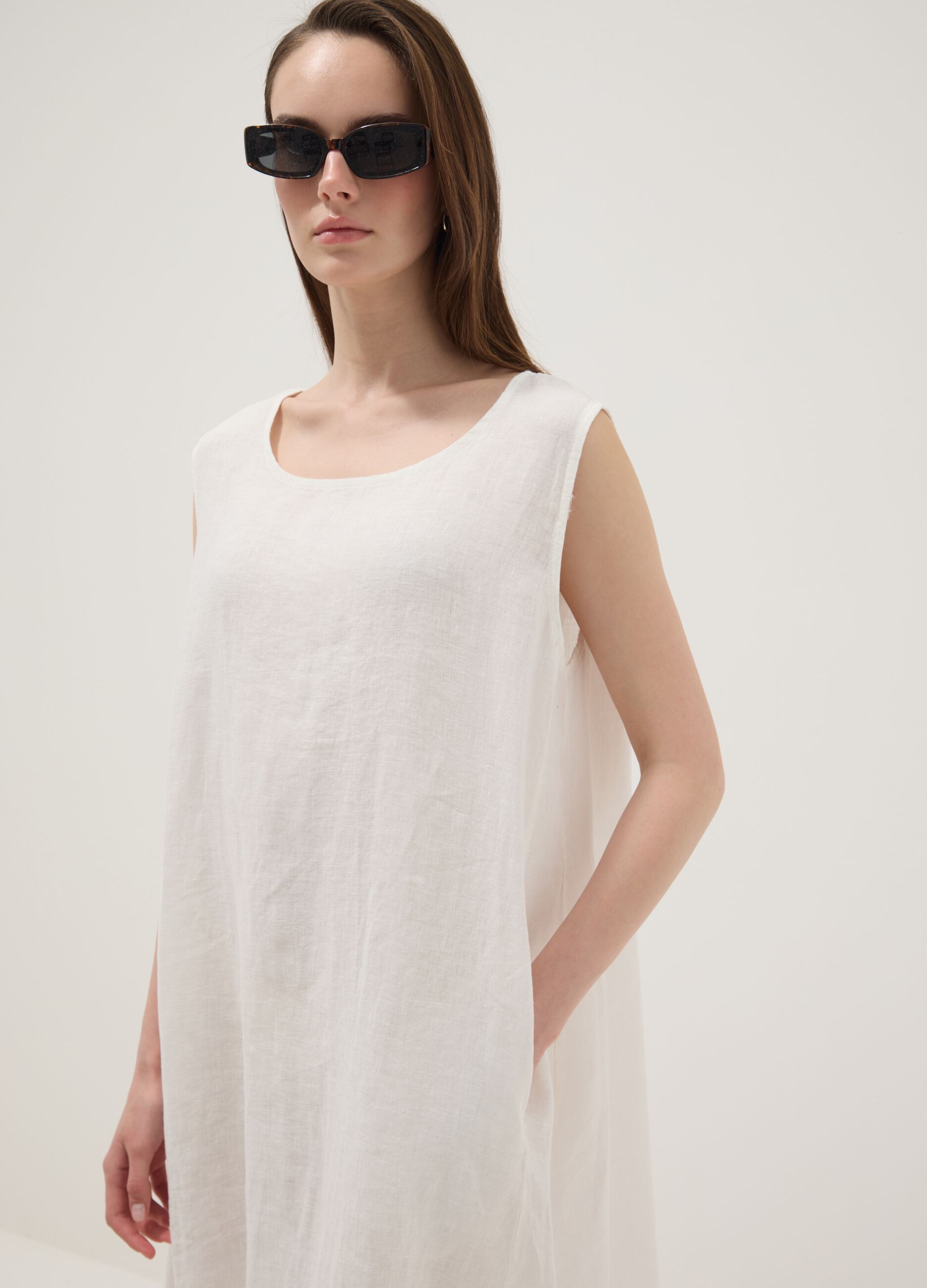Long white pure linen dress, regular fit