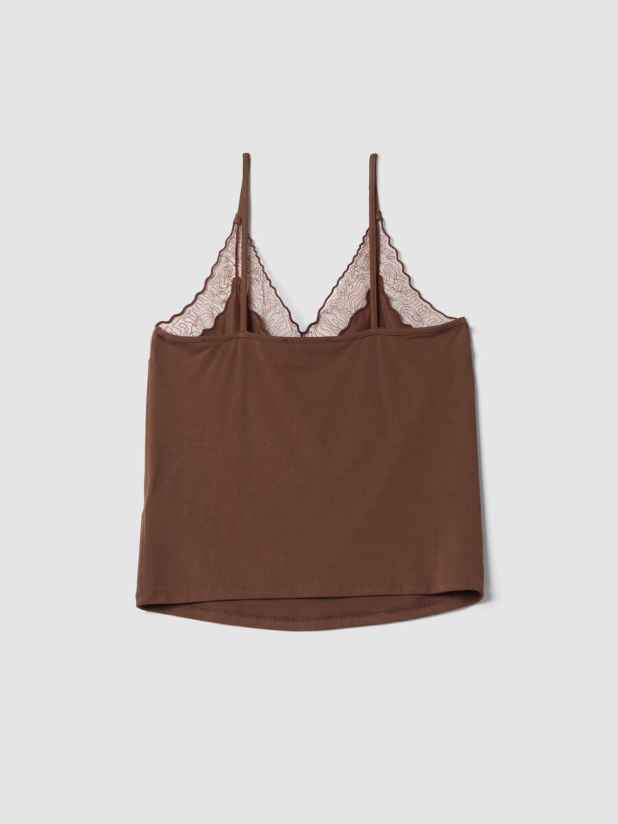 Tank top marrone in viscosa elasticizzata con pizzo e scollo a V_6