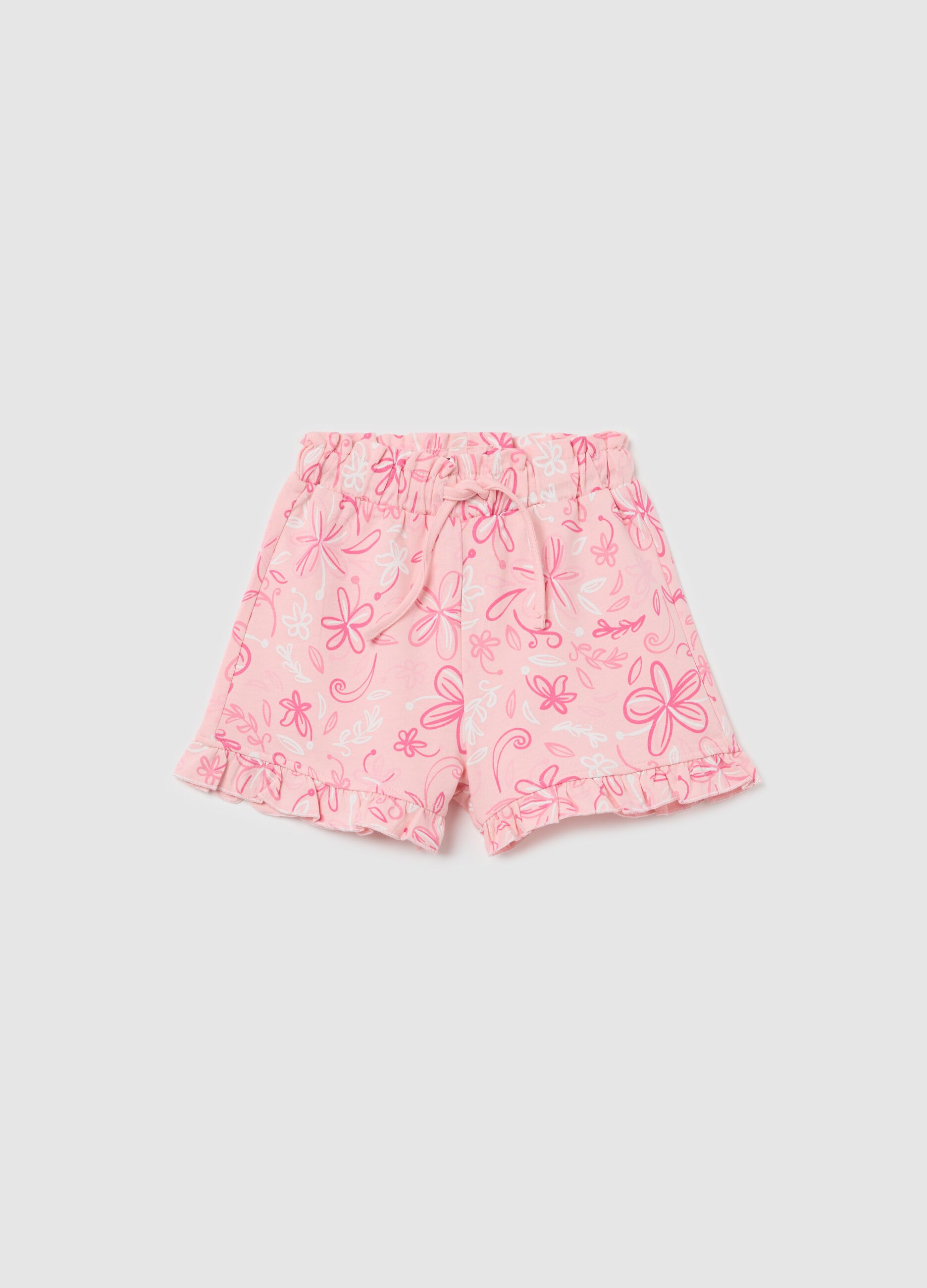 Pink French terry shorts with drawstring and print