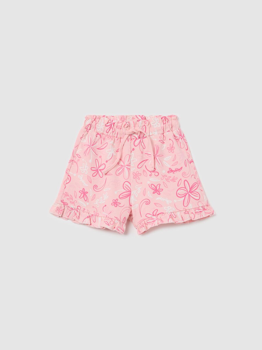 Pink French terry shorts with drawstring and print_0