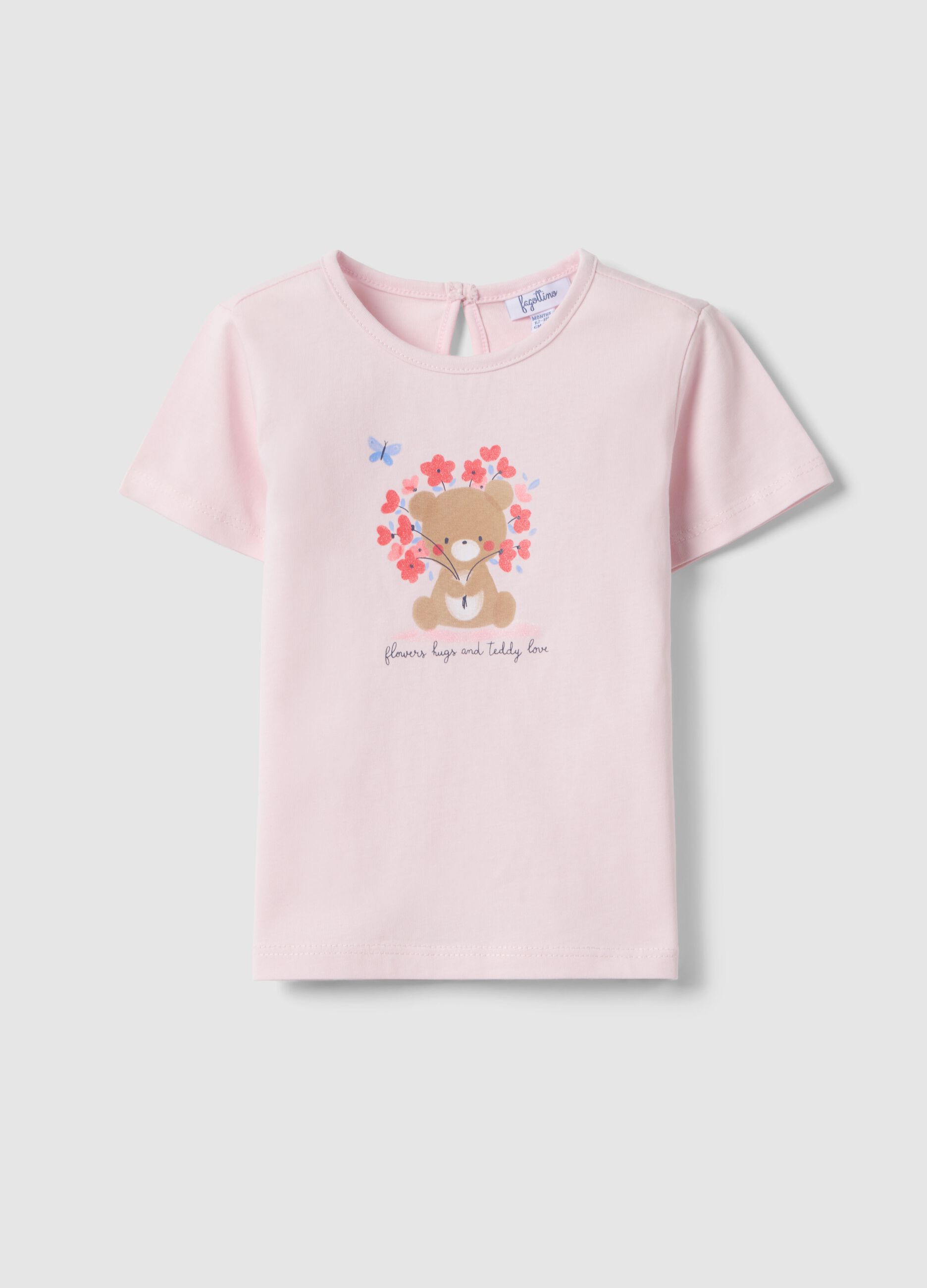 Pink pure cotton regular fit girl's T-shirt with teddy bear