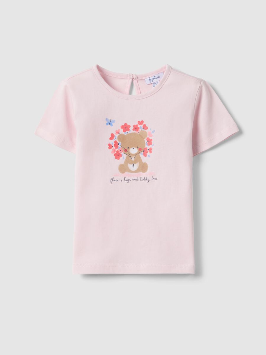 Pink pure cotton regular fit girl's T-shirt with teddy bear_0