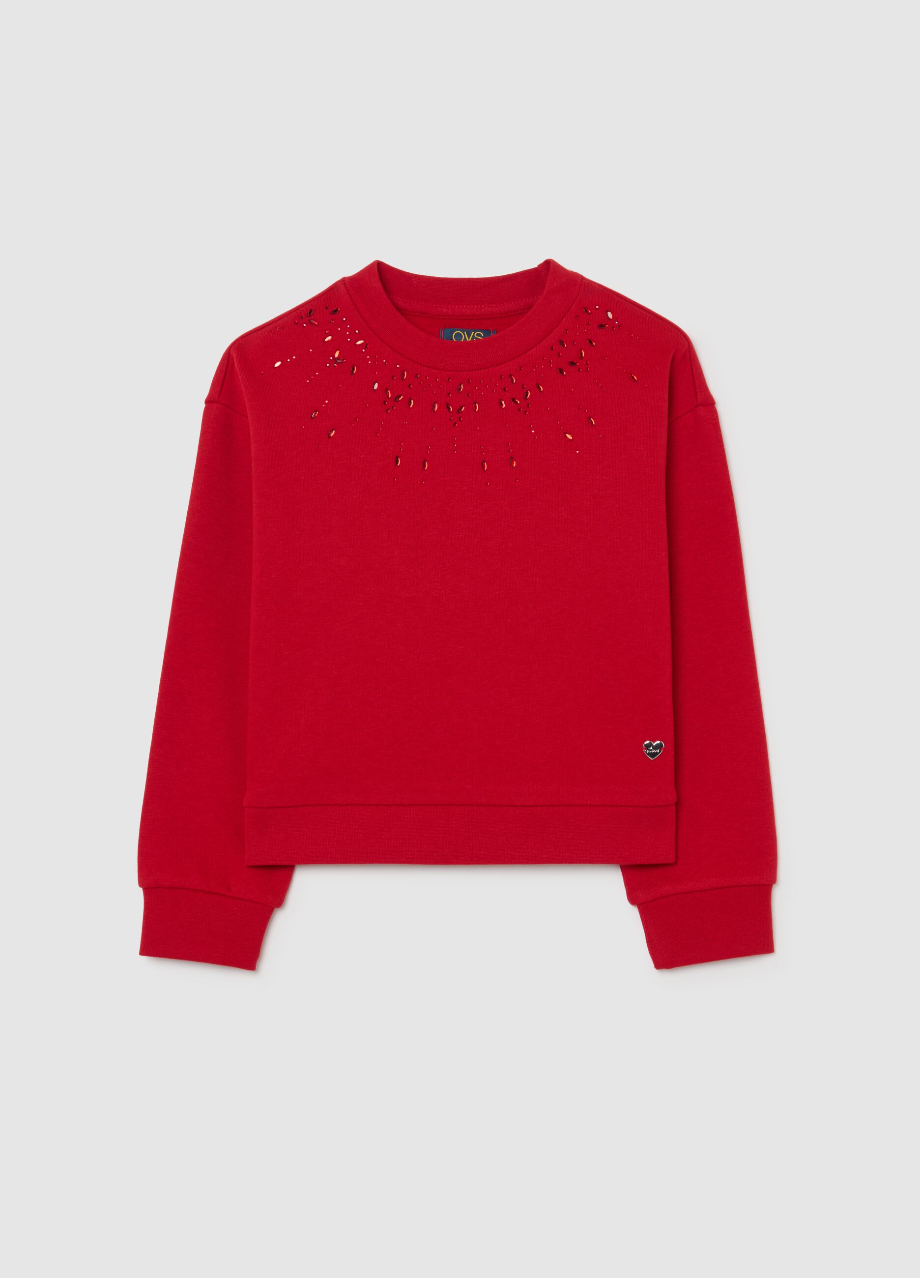 Felpa rossa da bambina in misto cotone regular fit con collo decorato