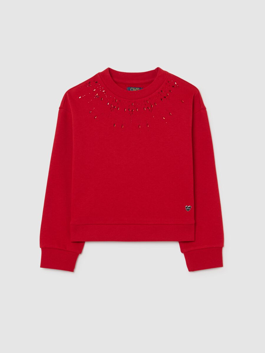 Felpa rossa da bambina in misto cotone regular fit con collo decorato_0