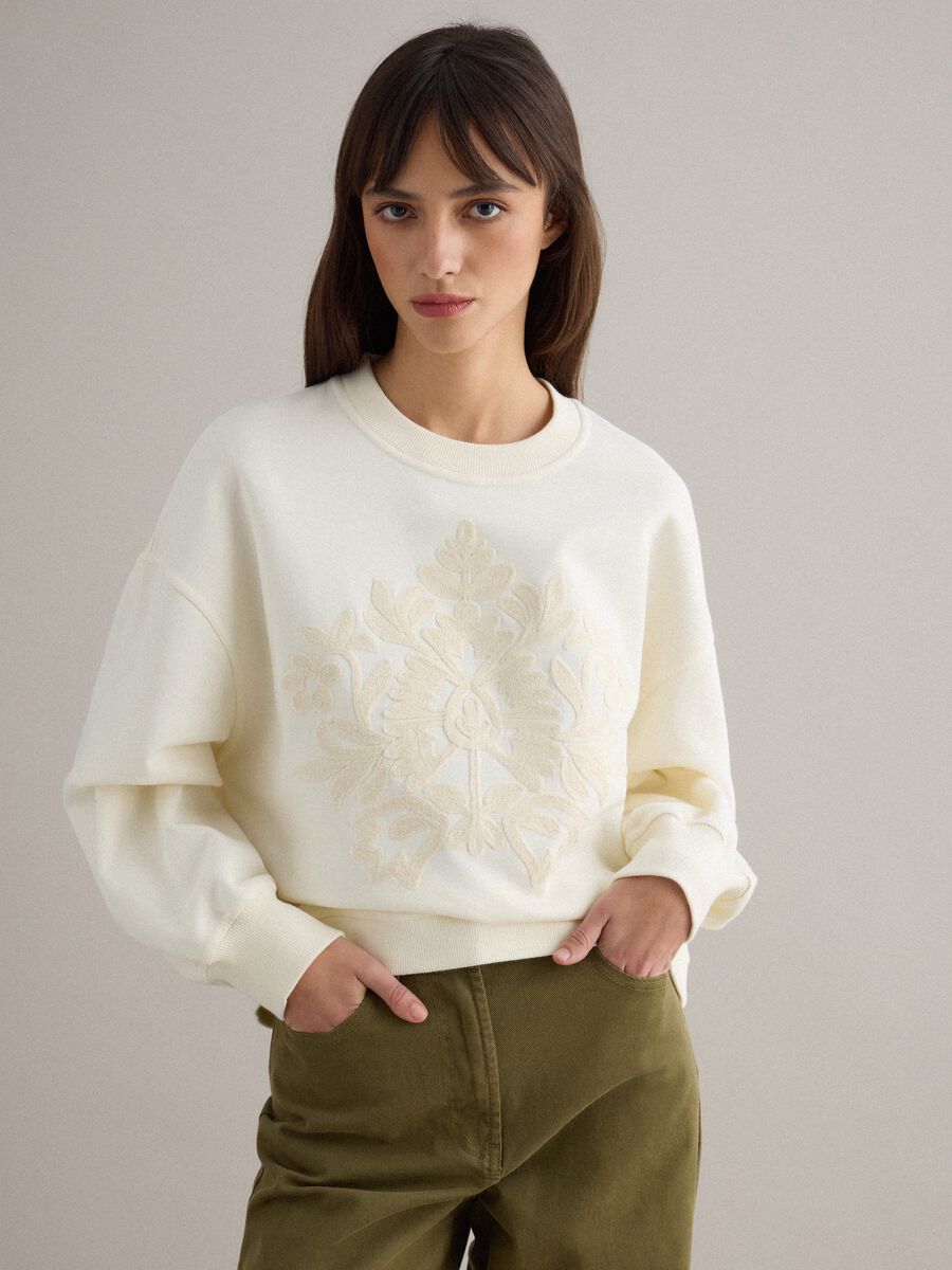White cotton blend crew neck jumper regular fit with floral embroidery_0