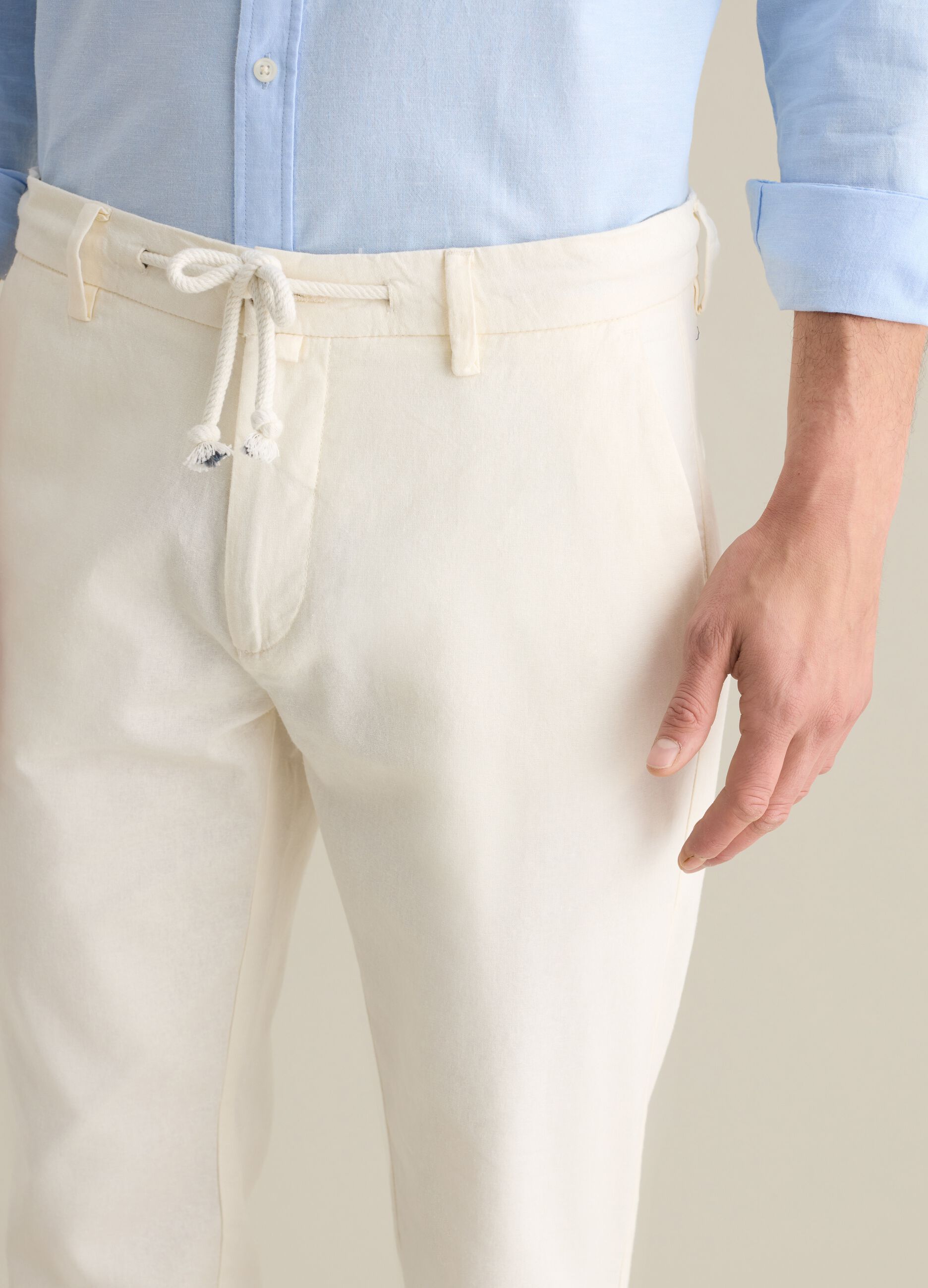 Men's beige regular fit linen blend trousers