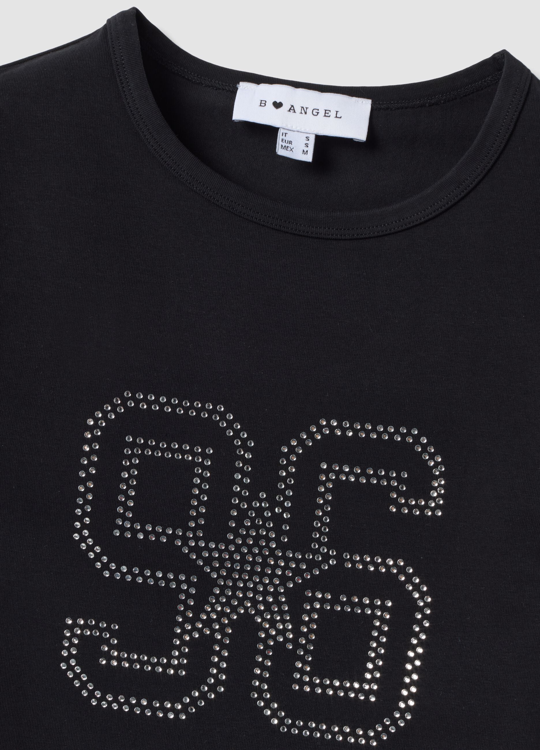 Black fitted stretch cotton T-shirt with rhinestone embellishments