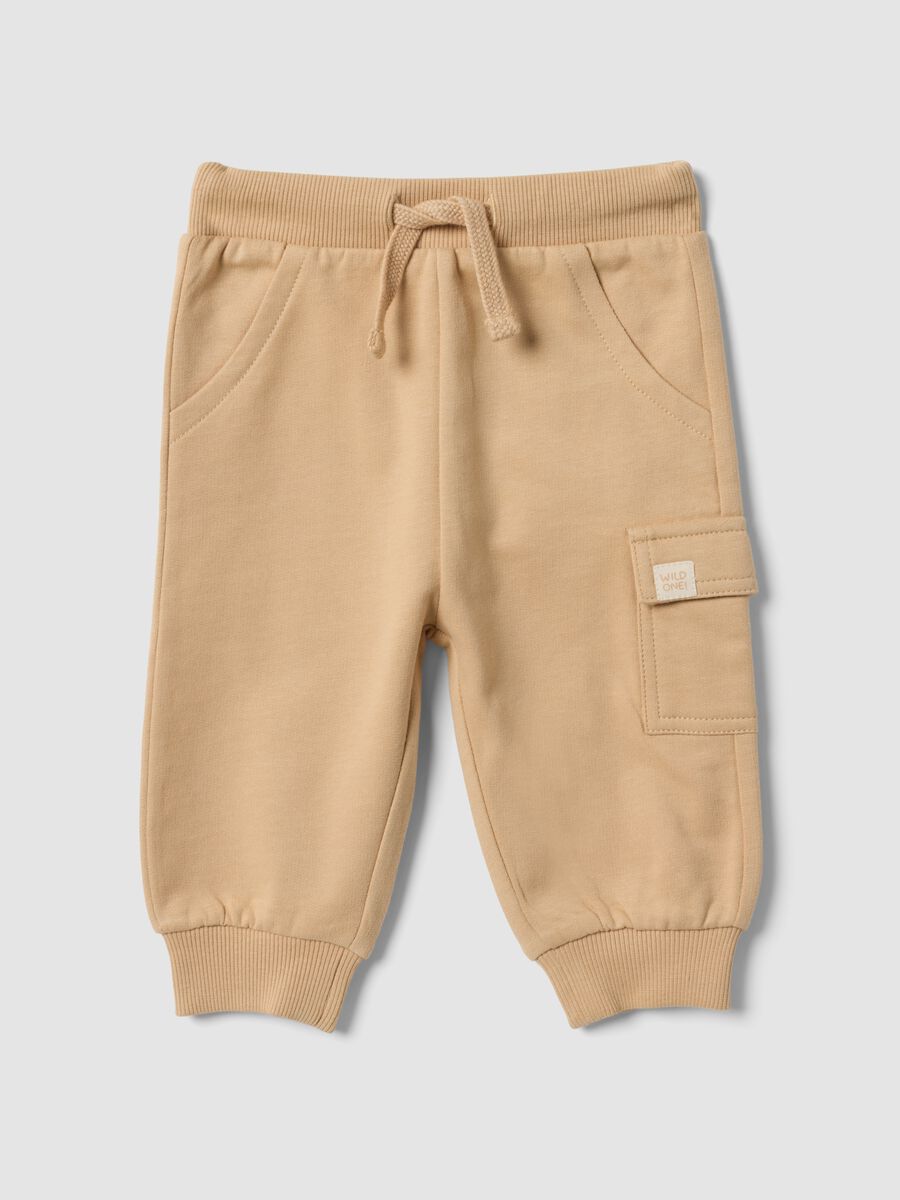 Pantaloni cargo beige in puro cotone organico con coulisse per neonato_0