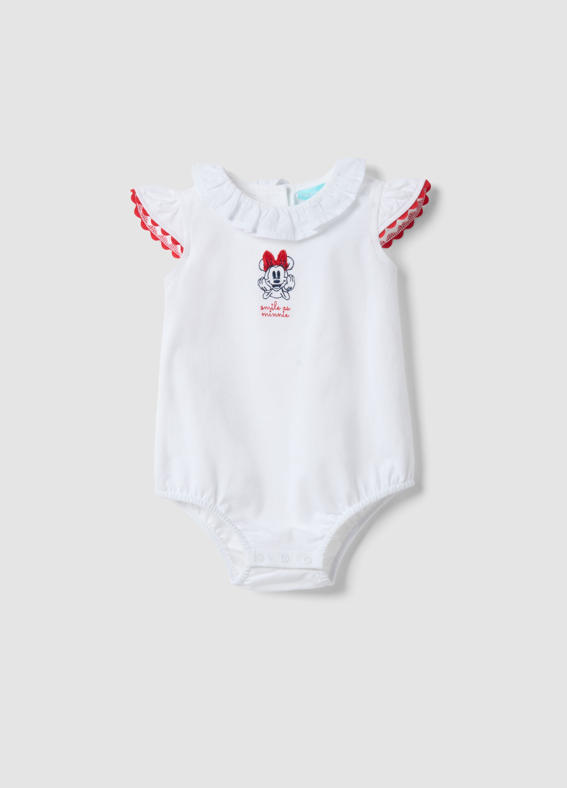 White pure cotton baby bodysuit featuring Minnie