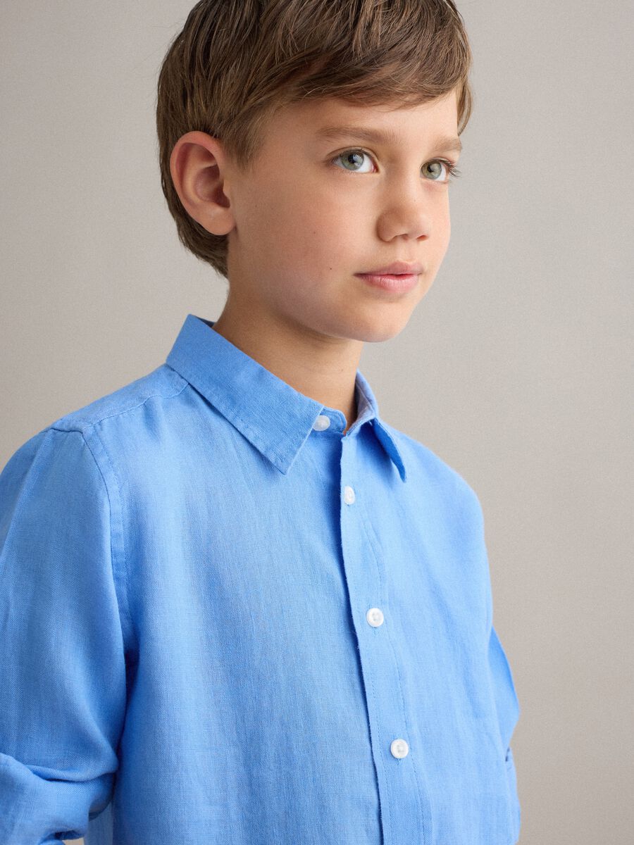 Camicia in puro lino azzurra oversize fit da bambino_1