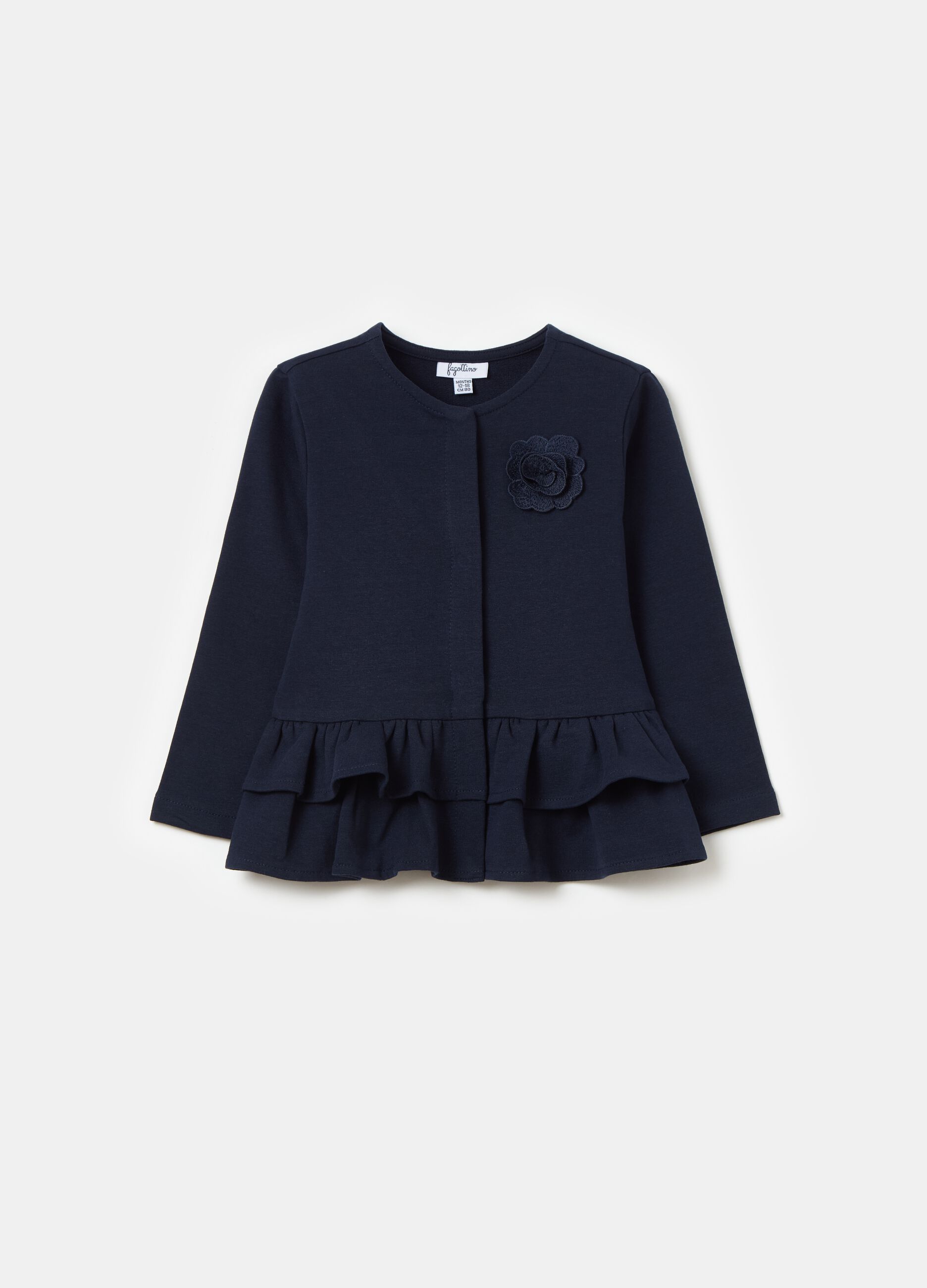 Cardigan with flounce and appliqué flower