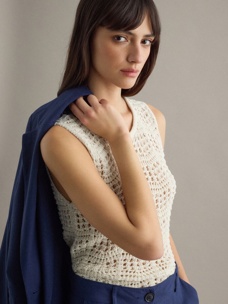 Tank top in misto cotone bianco regular fit con texture a rete_0