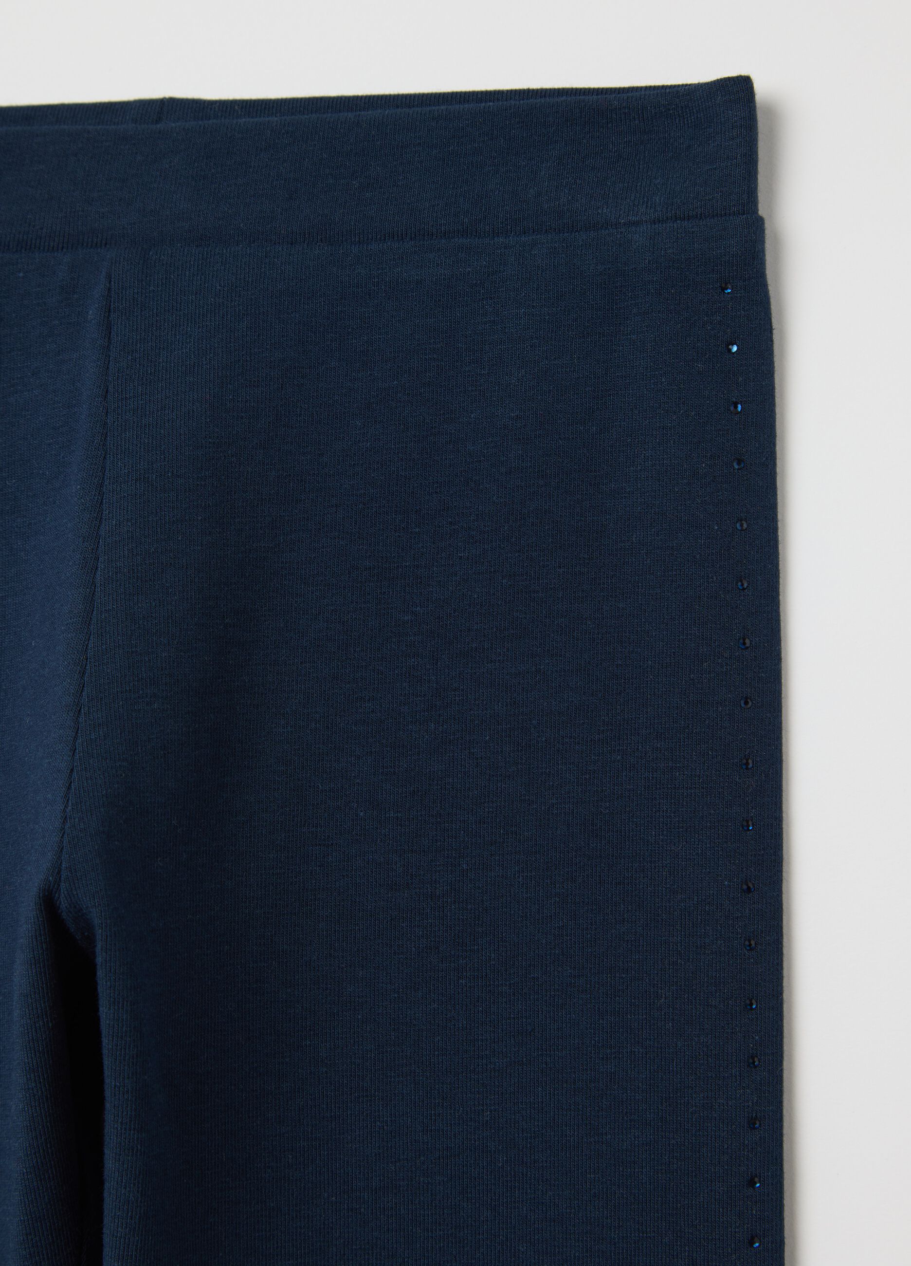 Blue three-quarter leggings in stretch cotton with diamantés
