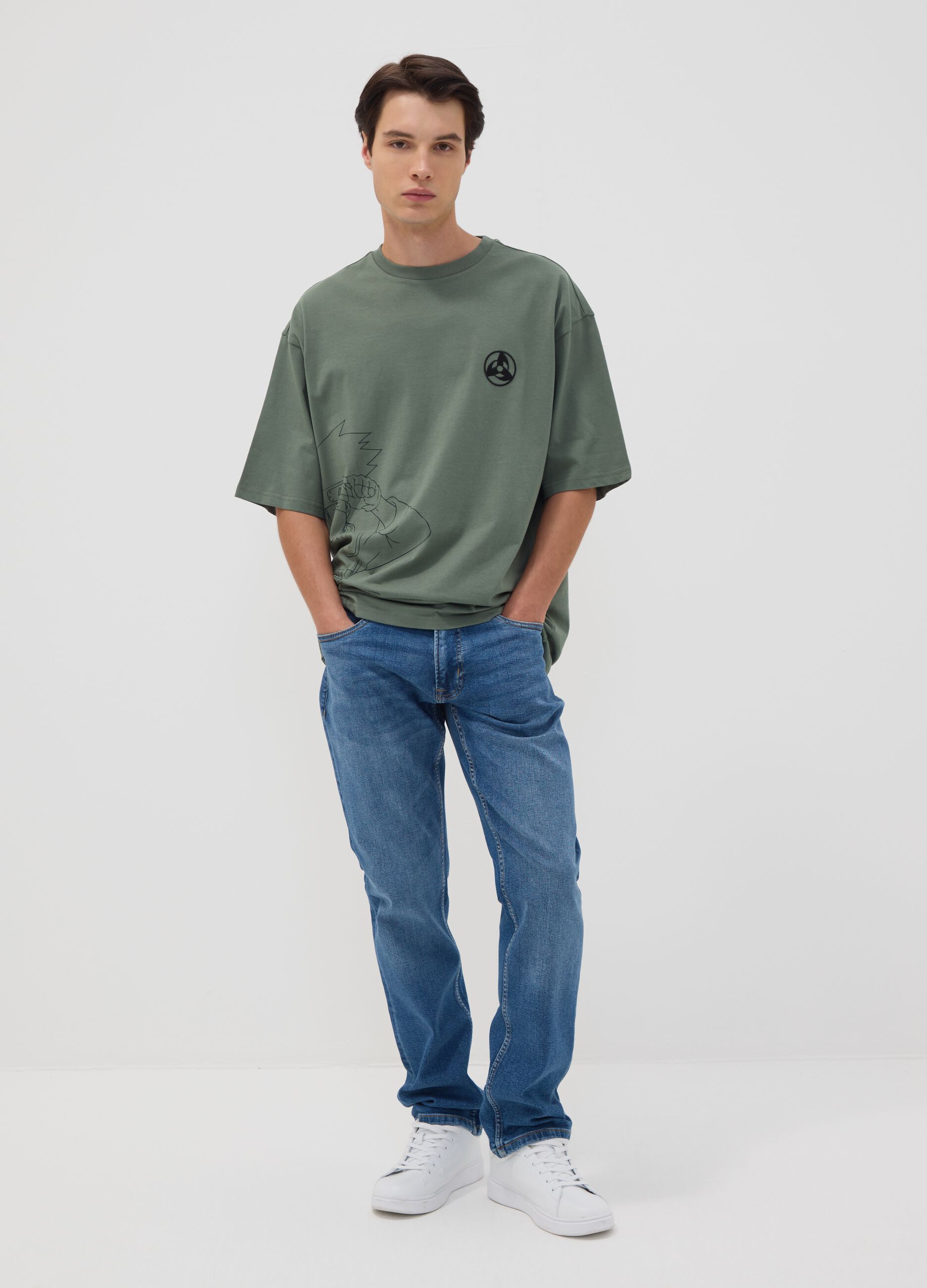 Green pure cotton T-shirt with Naruto print