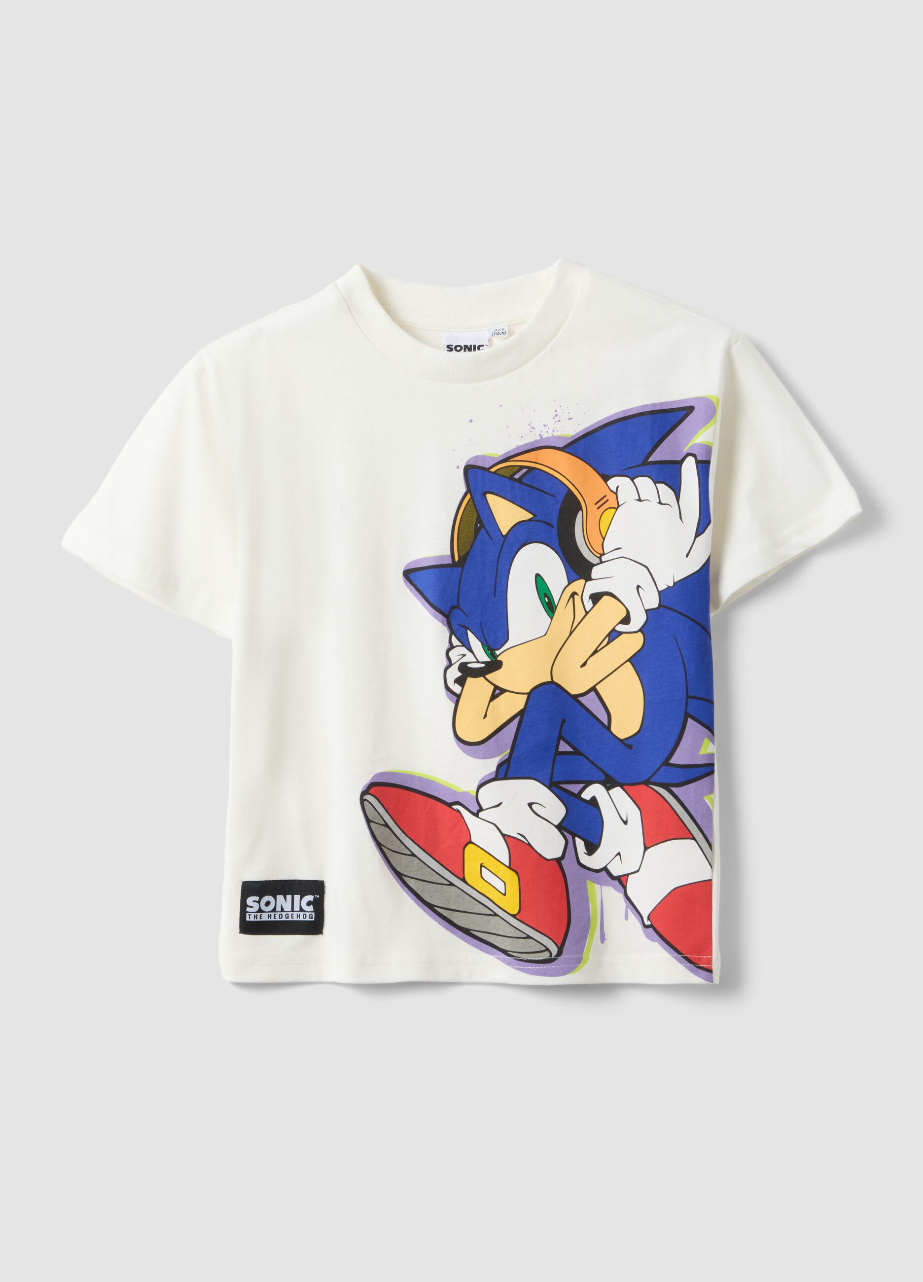 White pure cotton boys' t-shirt regular fit with Sonic