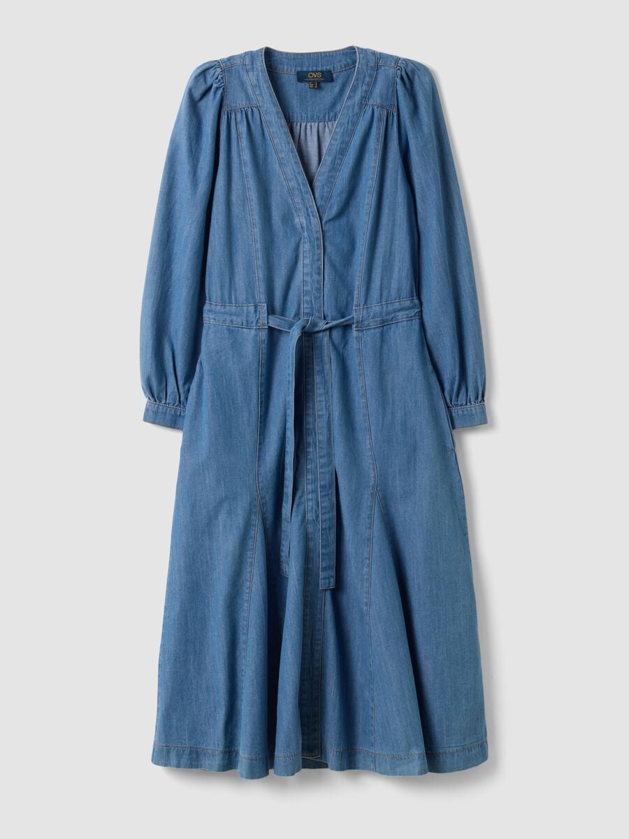 Abito denim blu in puro cotone con scollo profondo a V regular fit_4