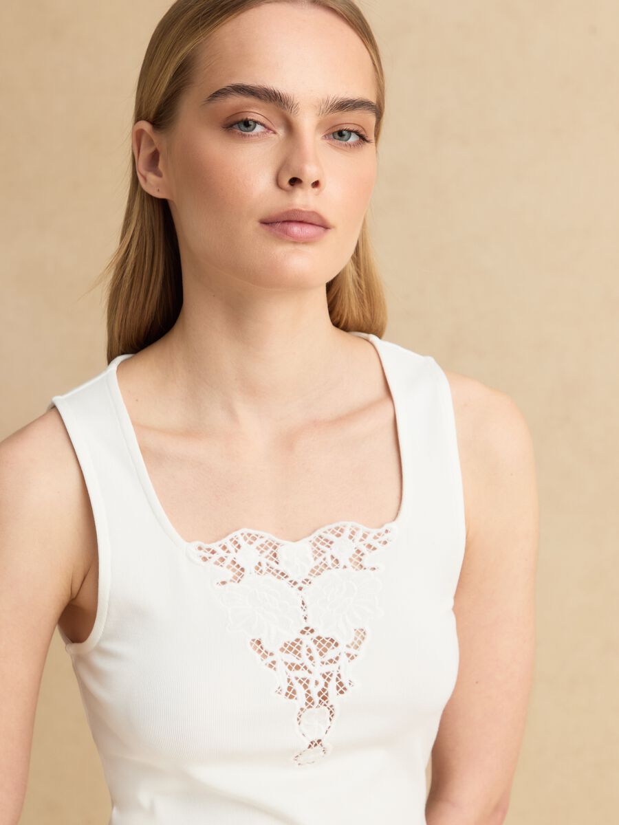 White stretch viscose tank top with embroidered detail_2