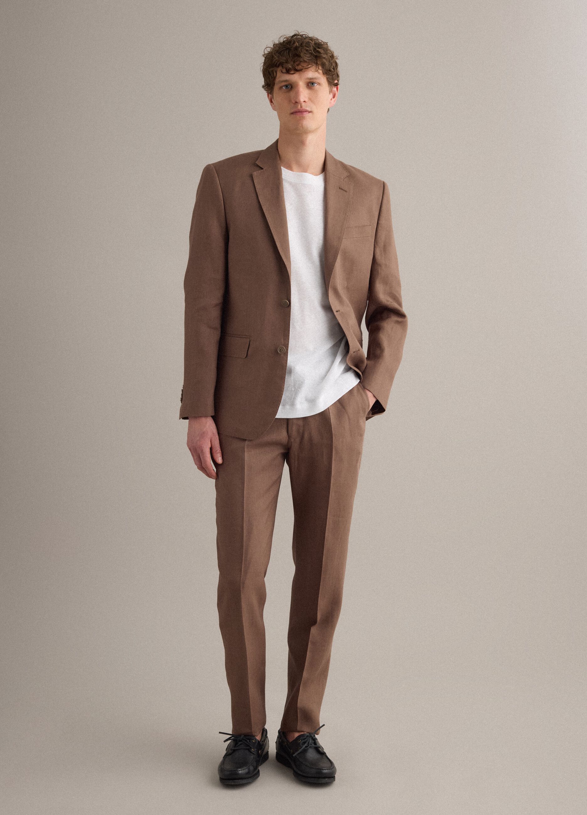 Brown pure linen slim-fit trousers