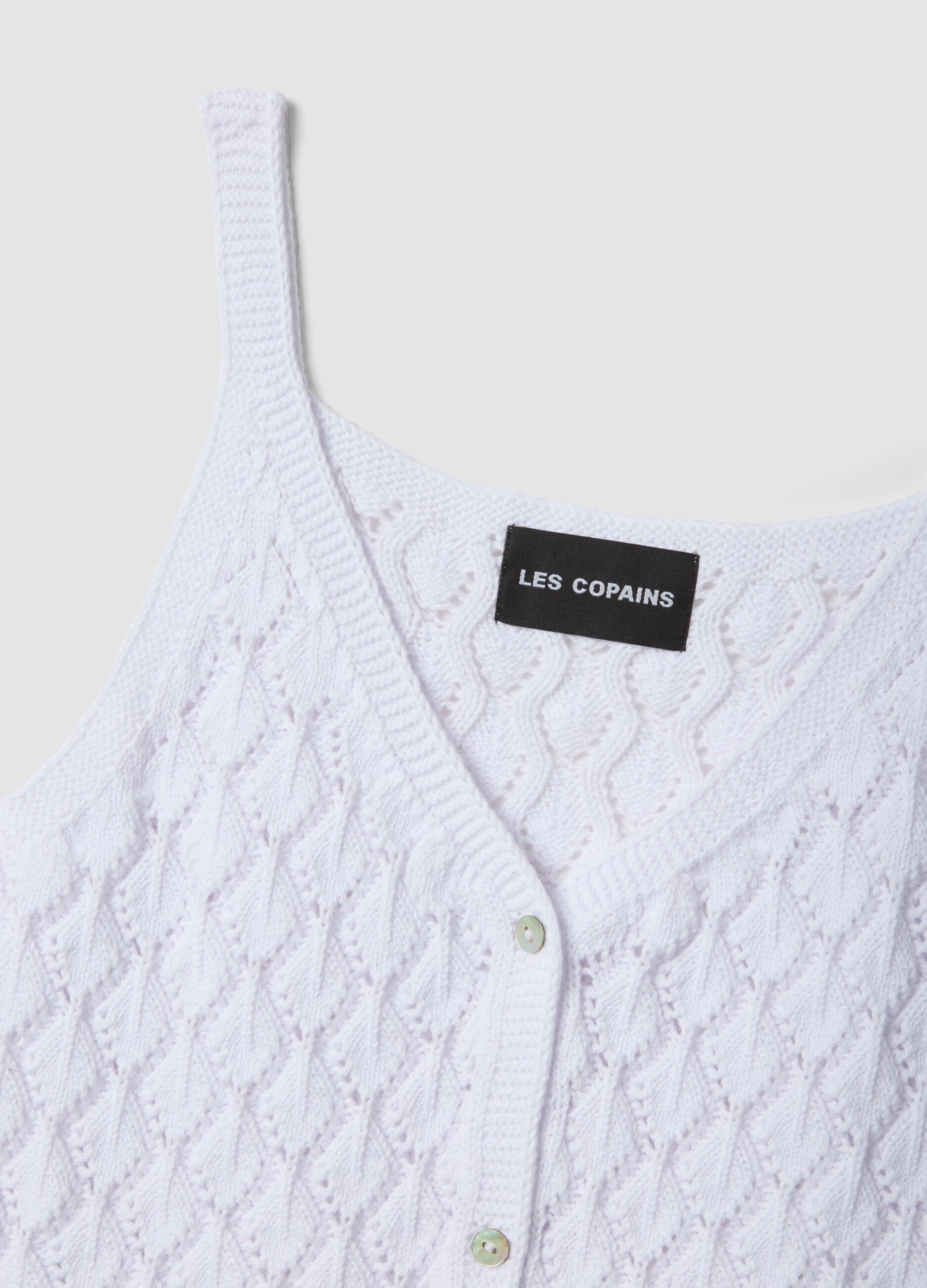 Gilet bianco in crochet di puro cotone deep V regular fit