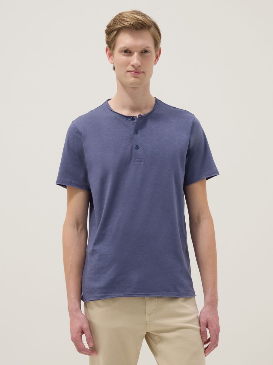 Blue pure cotton T-shirt with seraph collar regular fit_1