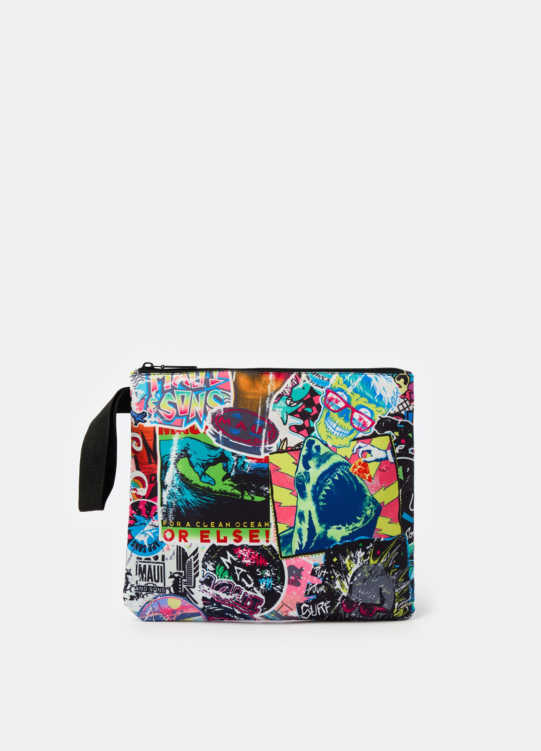 Clutch bag with graffiti-style print