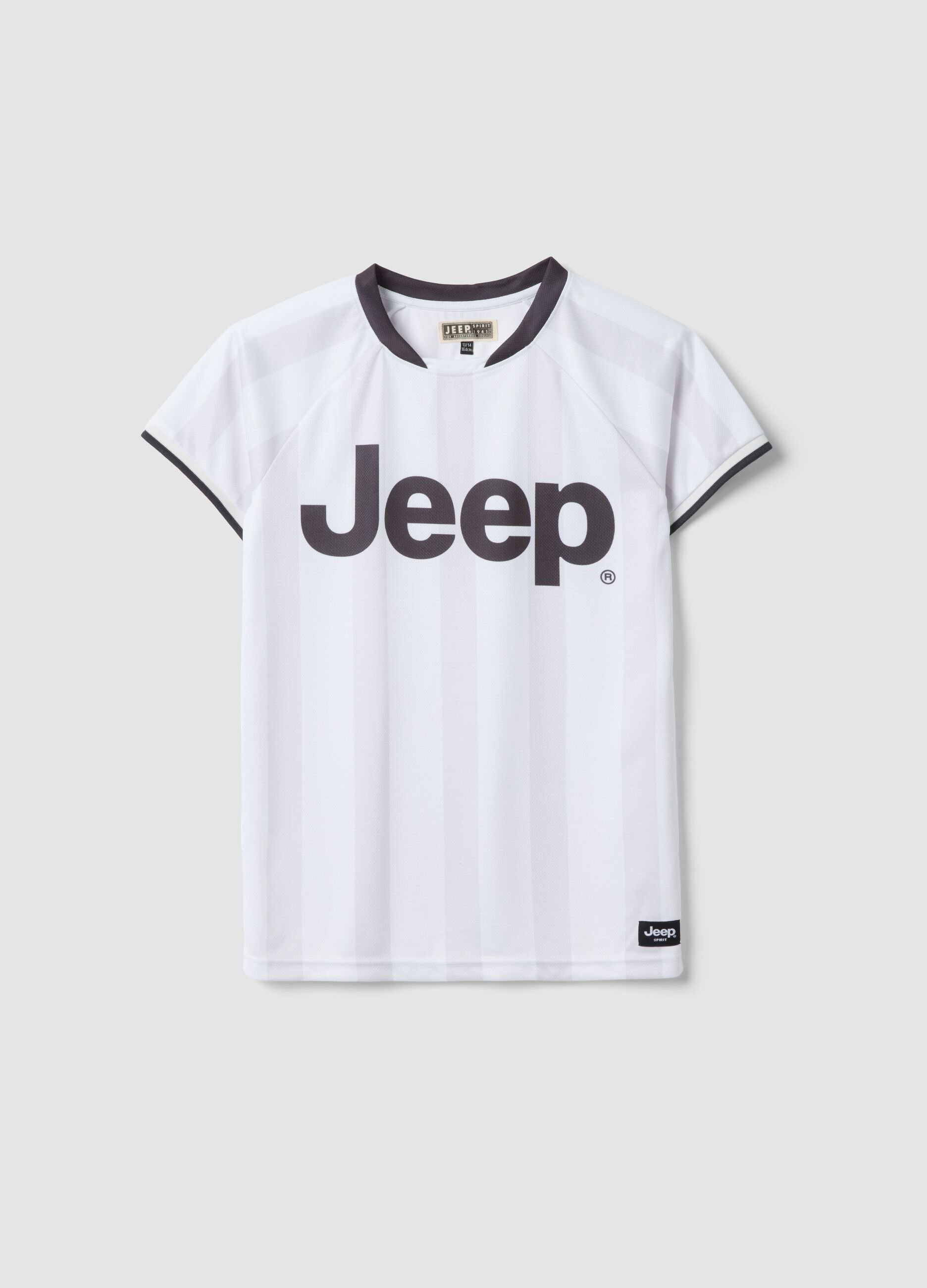 White boys&rsquo; sporty T-shirt with vertical stripes and Jeep logo