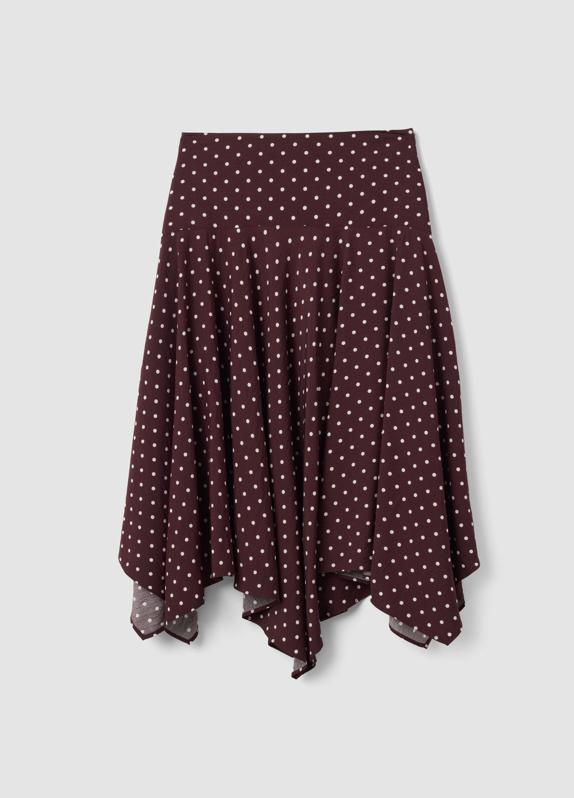 Brown polka-dot skirt in viscose blend with asymmetric hem