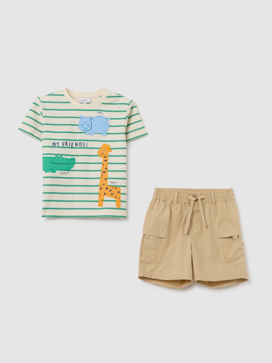 Multicolour regular fit pure cotton children's t-shirt and shorts set with animal appliques_0