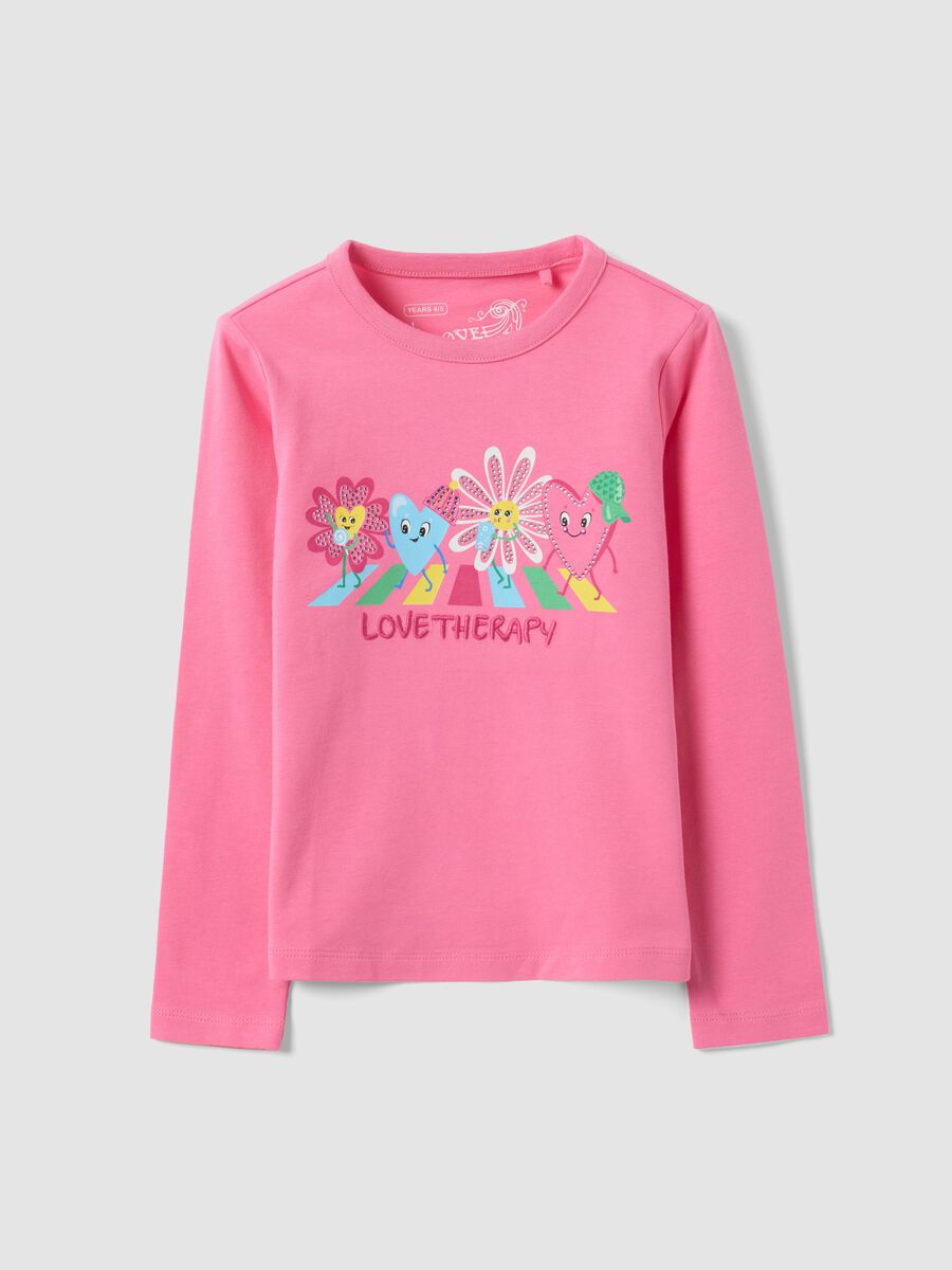 T-shirt rosa in cotone elasticizzato con girocollo e stampa per bambina_0