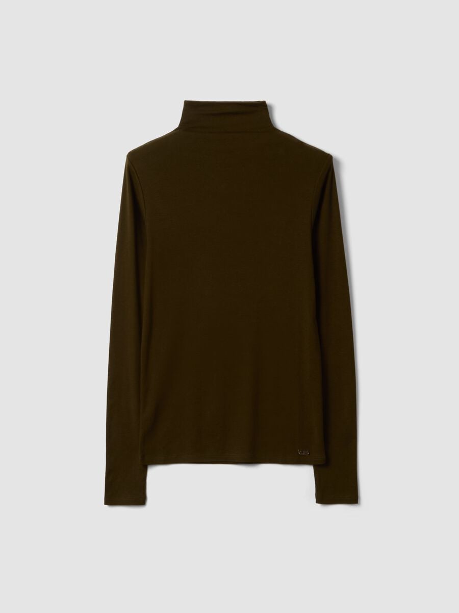 Brown lyocell and stretch wool mock-neck T-shirt, regular fit_0
