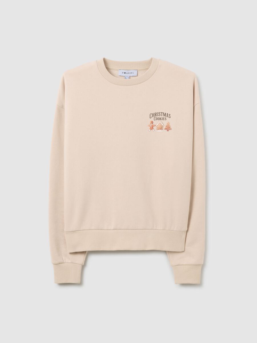Beige cotton blend regular fit sweatshirt with festive print_4