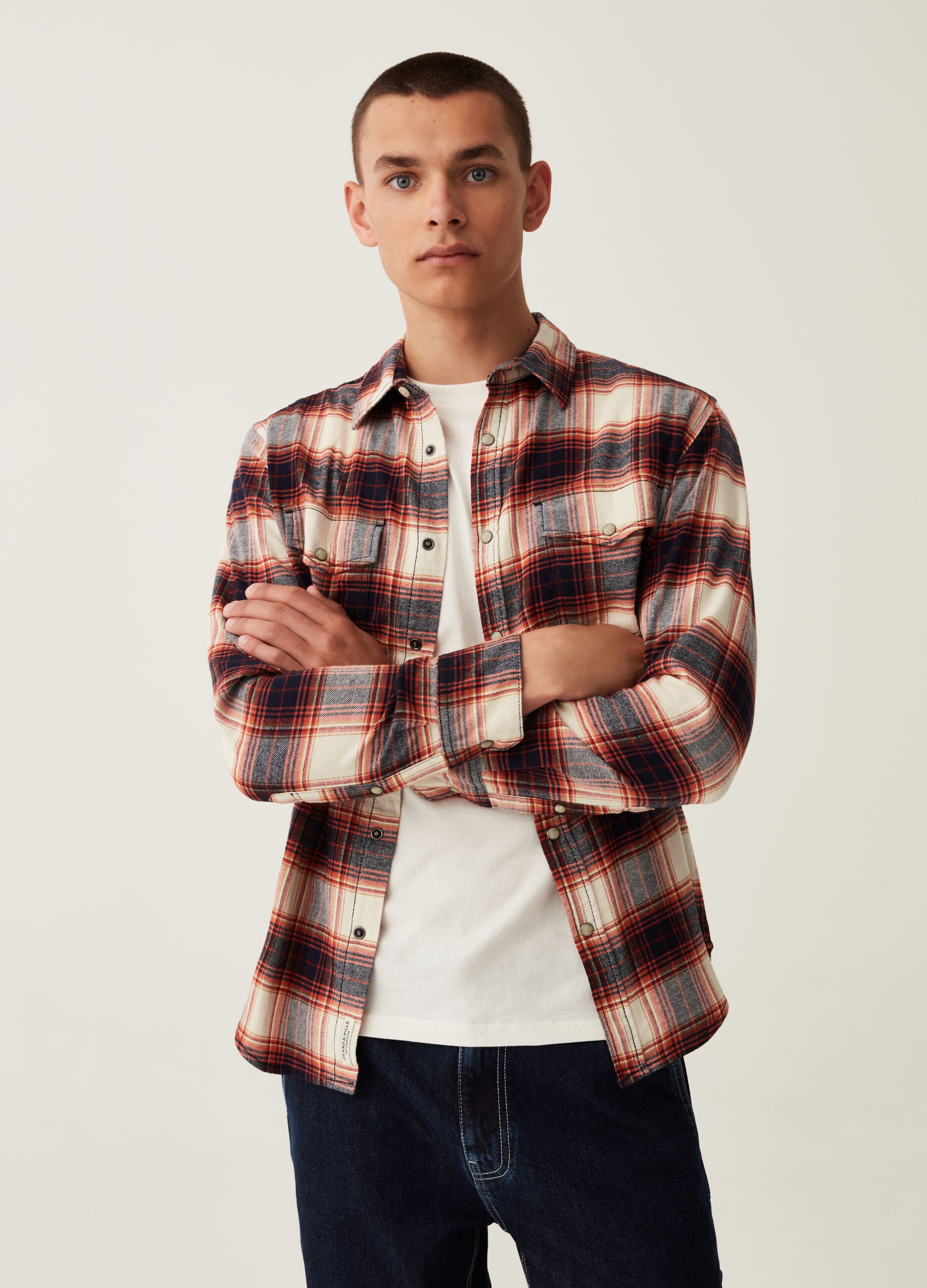 Camicia in cotone check con bottoni perlati_0