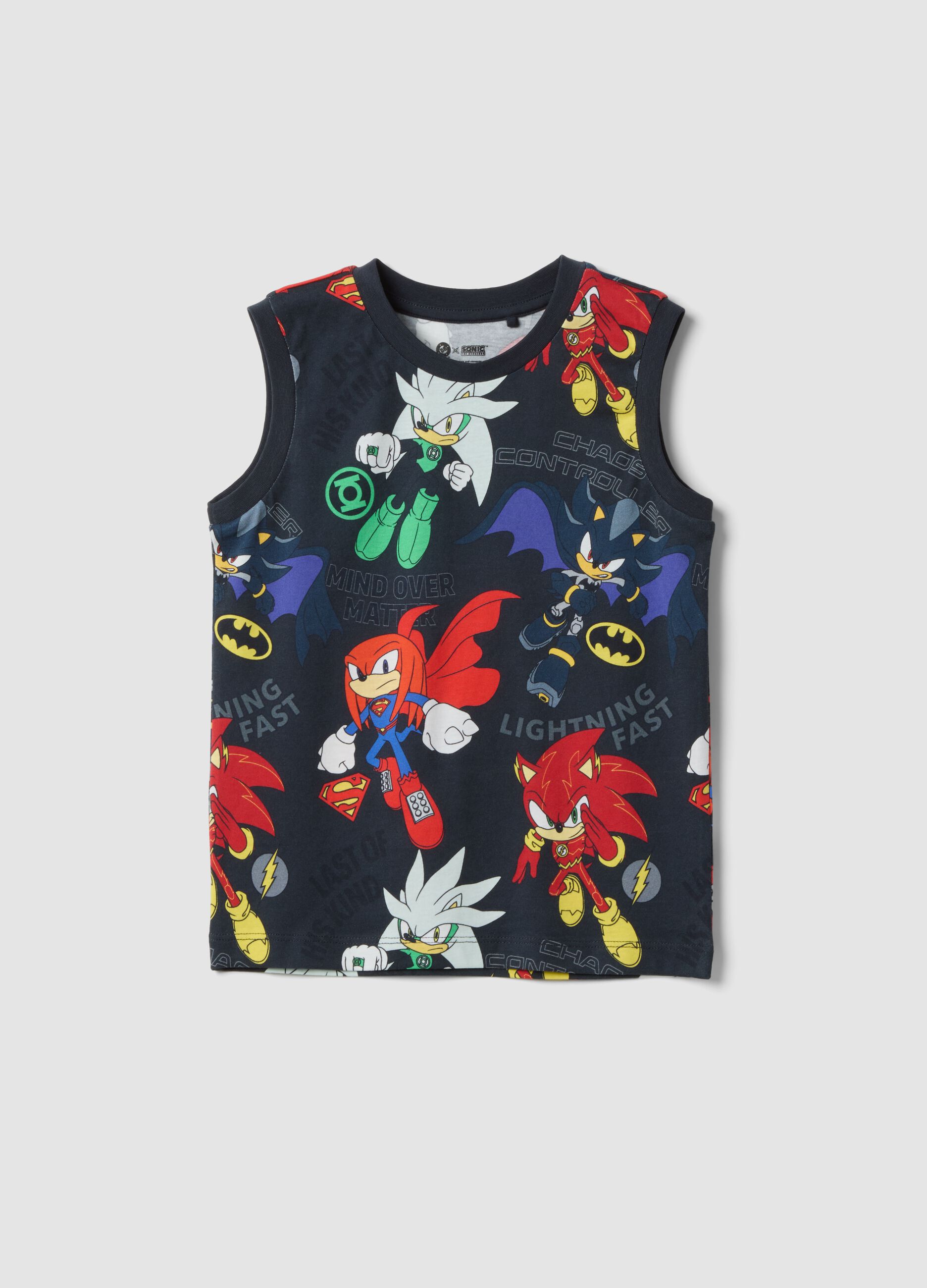 Blue pure cotton vest with all-over Sonic print
