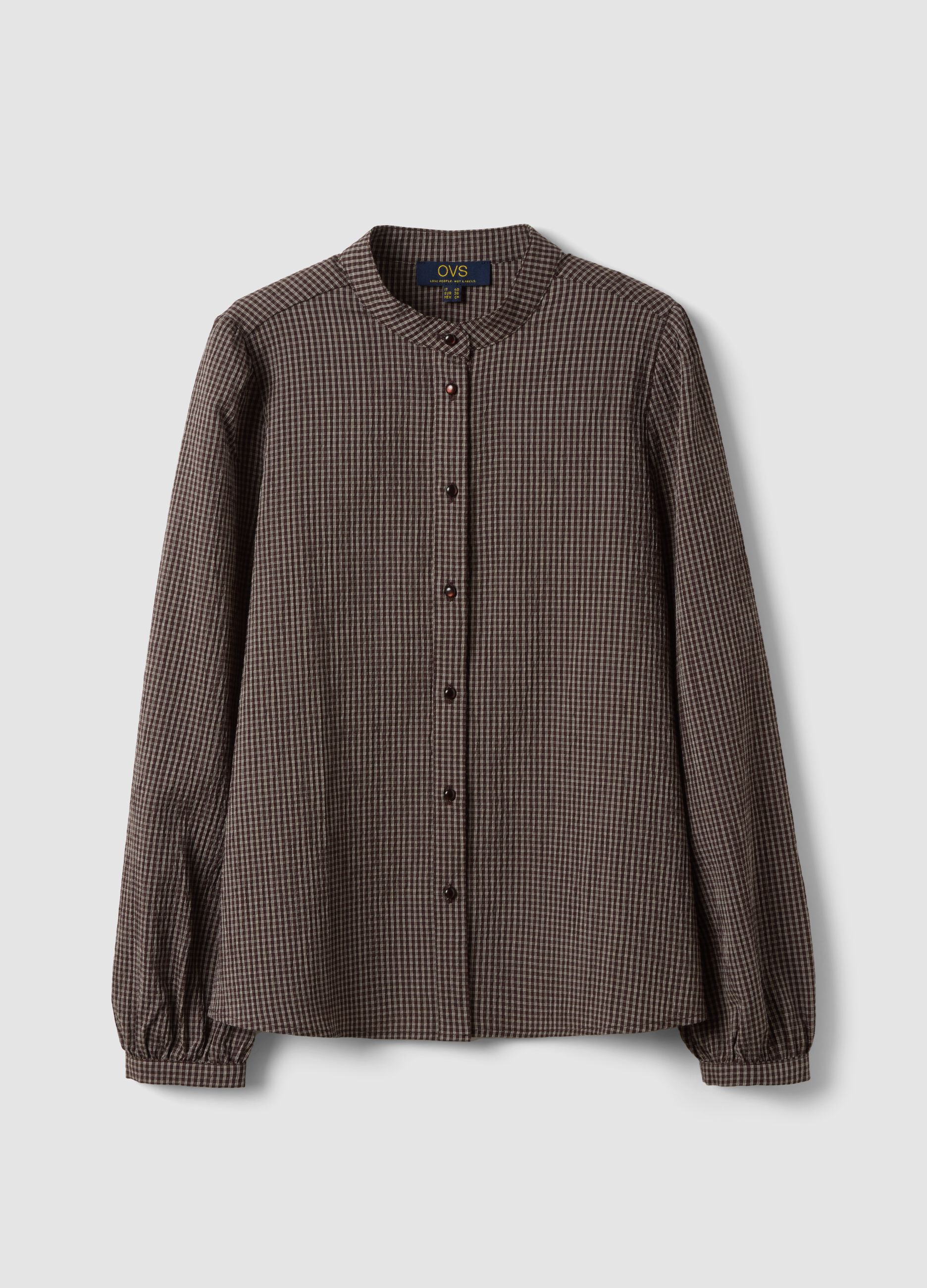 Brown stretch viscose shirt with Mandarin collar