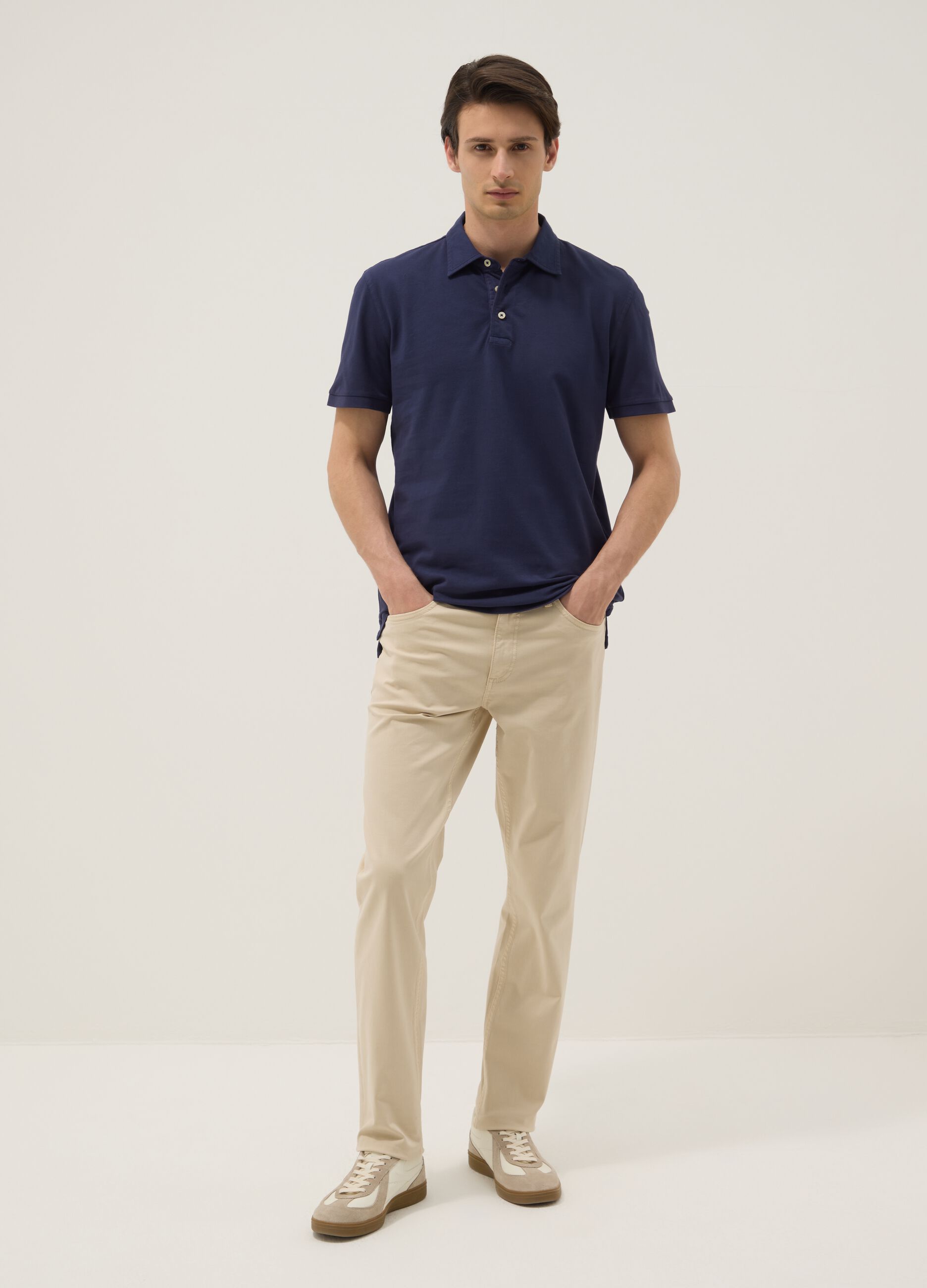 Blue pure cotton slim-fit short-sleeved polo shirt