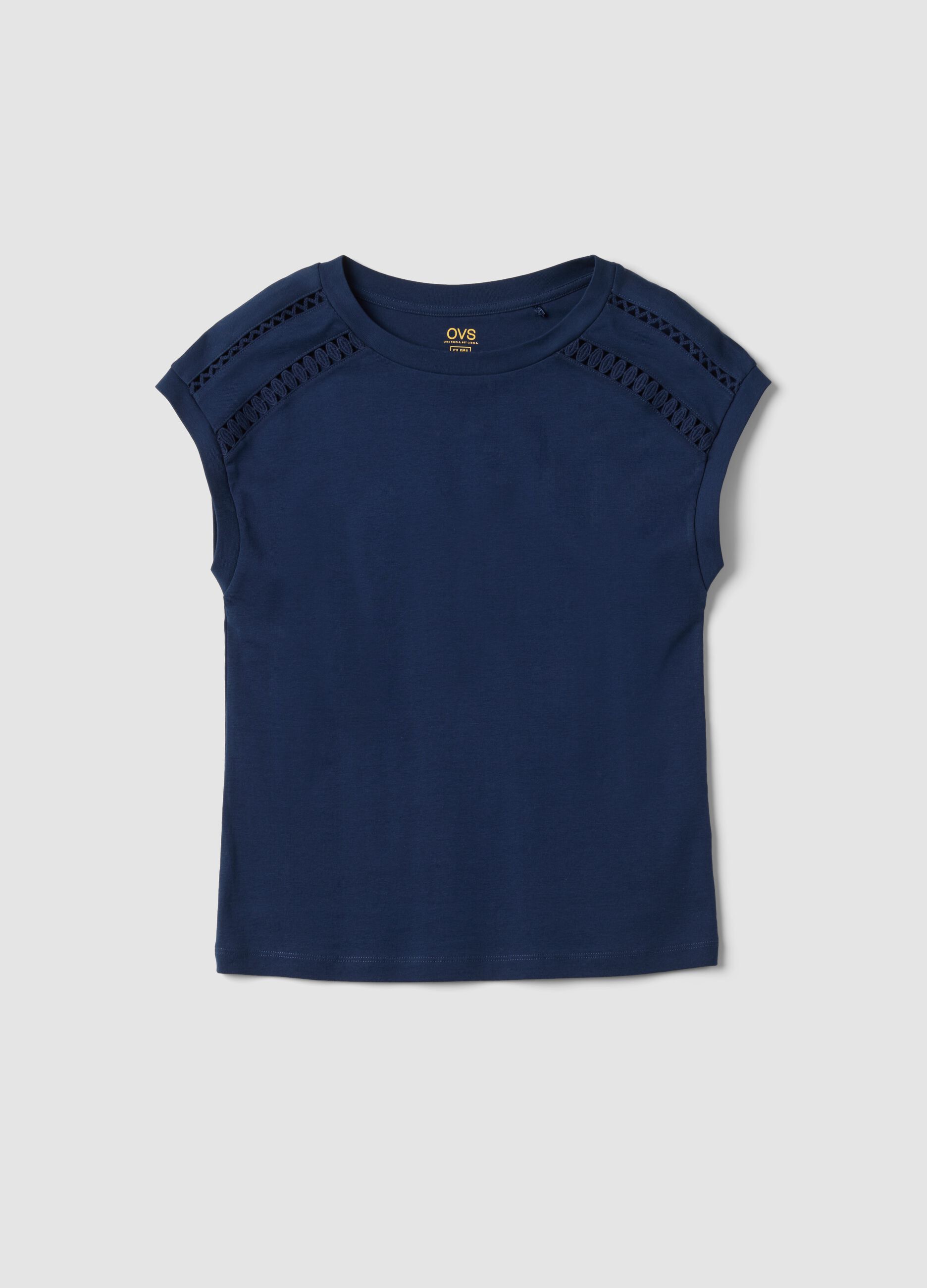 Blue pure cotton T-shirt with perforated inserts