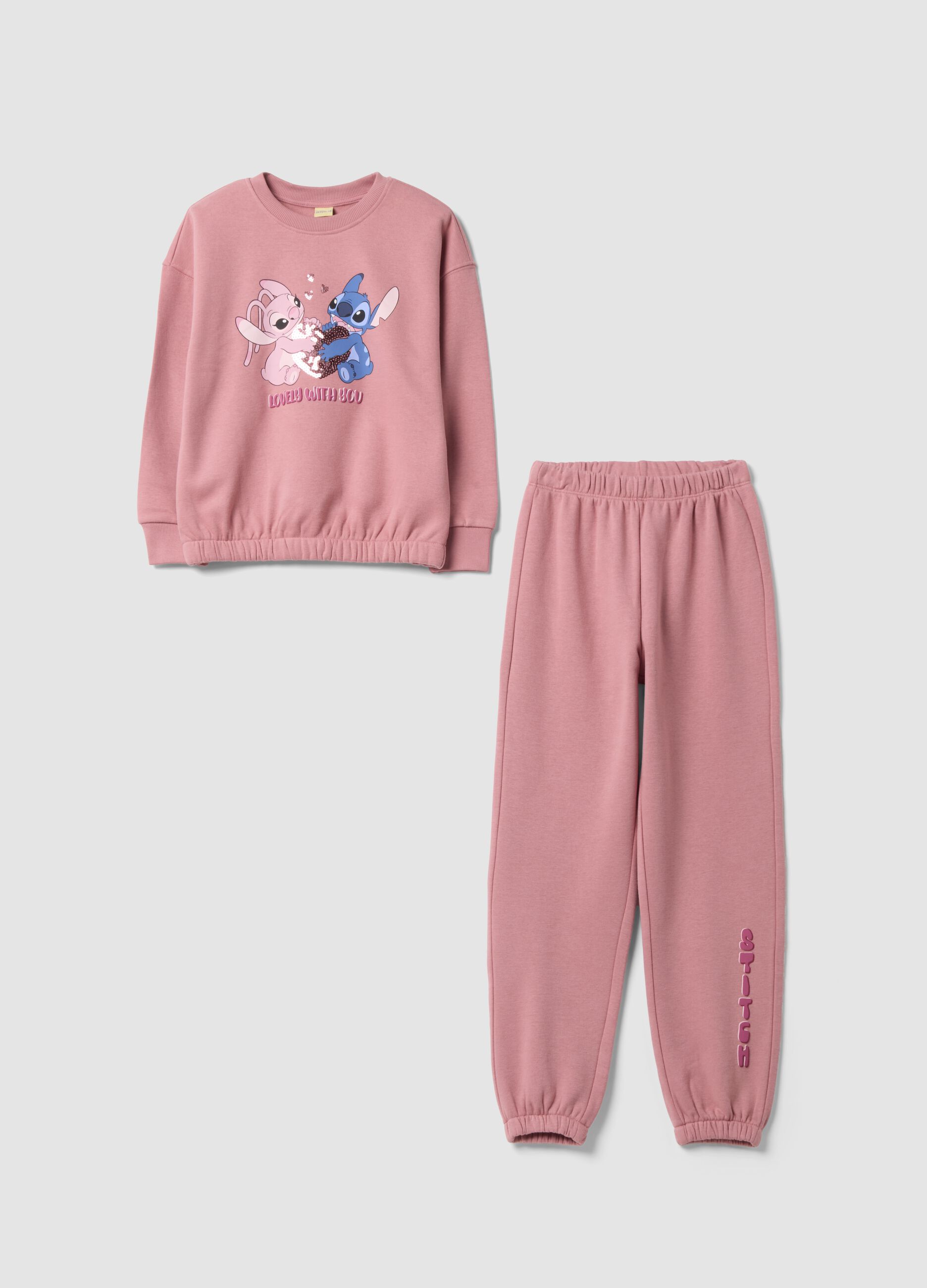Tuta rosa in misto cotone con girocollo e stampa Stitch