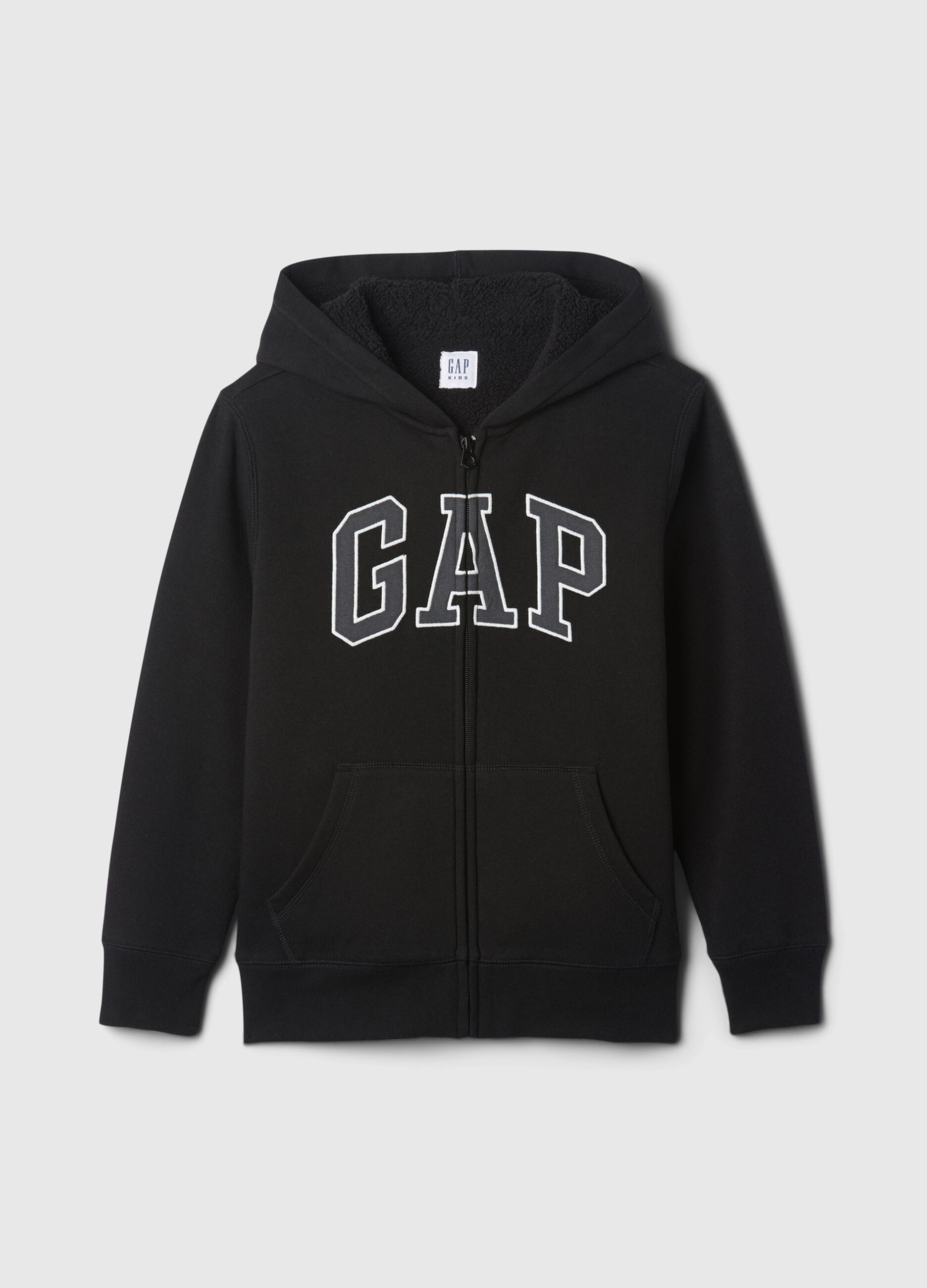 Full-zip sweatshirt and hood with sherpa lining