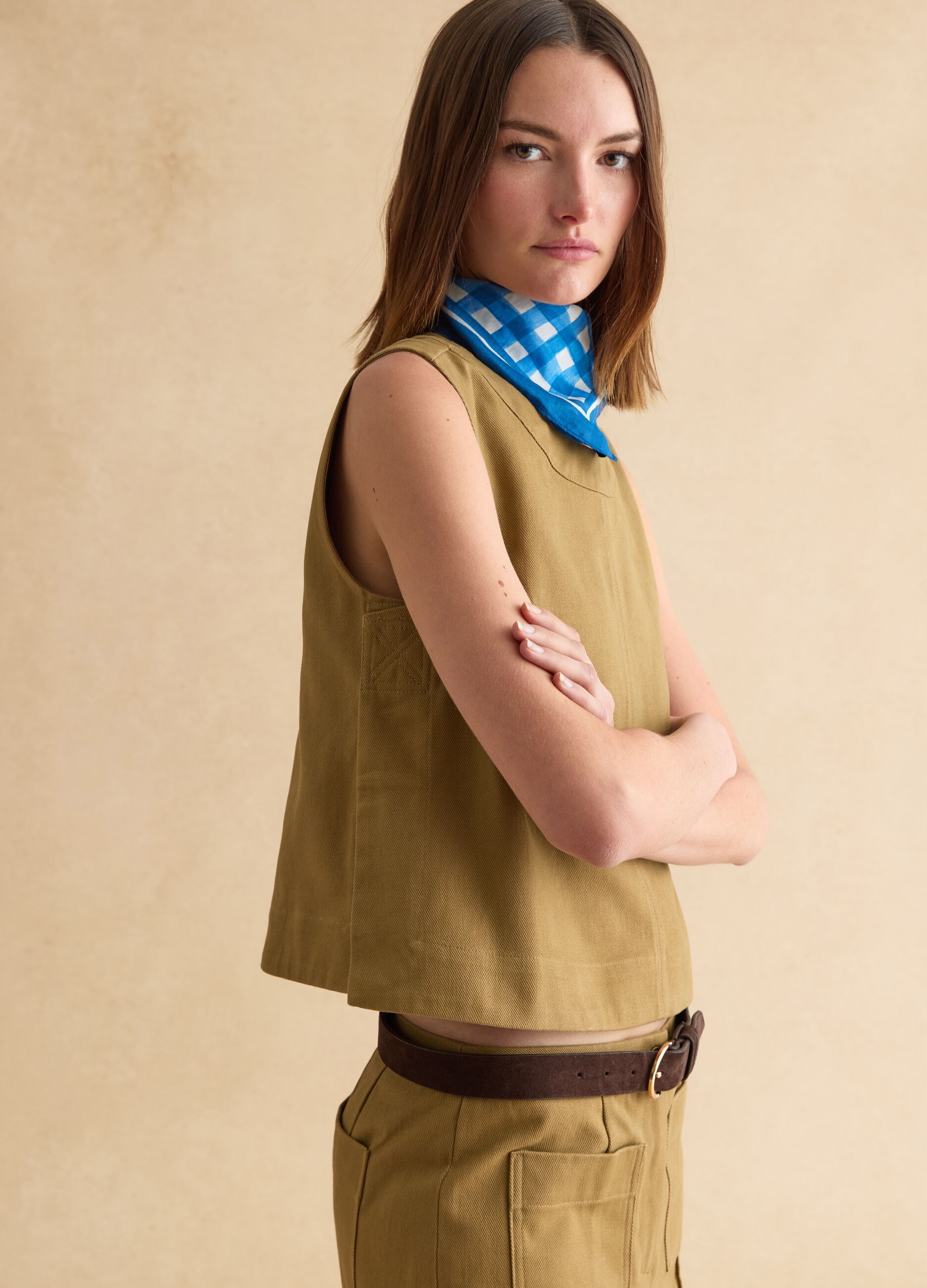 Brown Denim Sleeveless Blazer in Pure Cotton Regular Fit