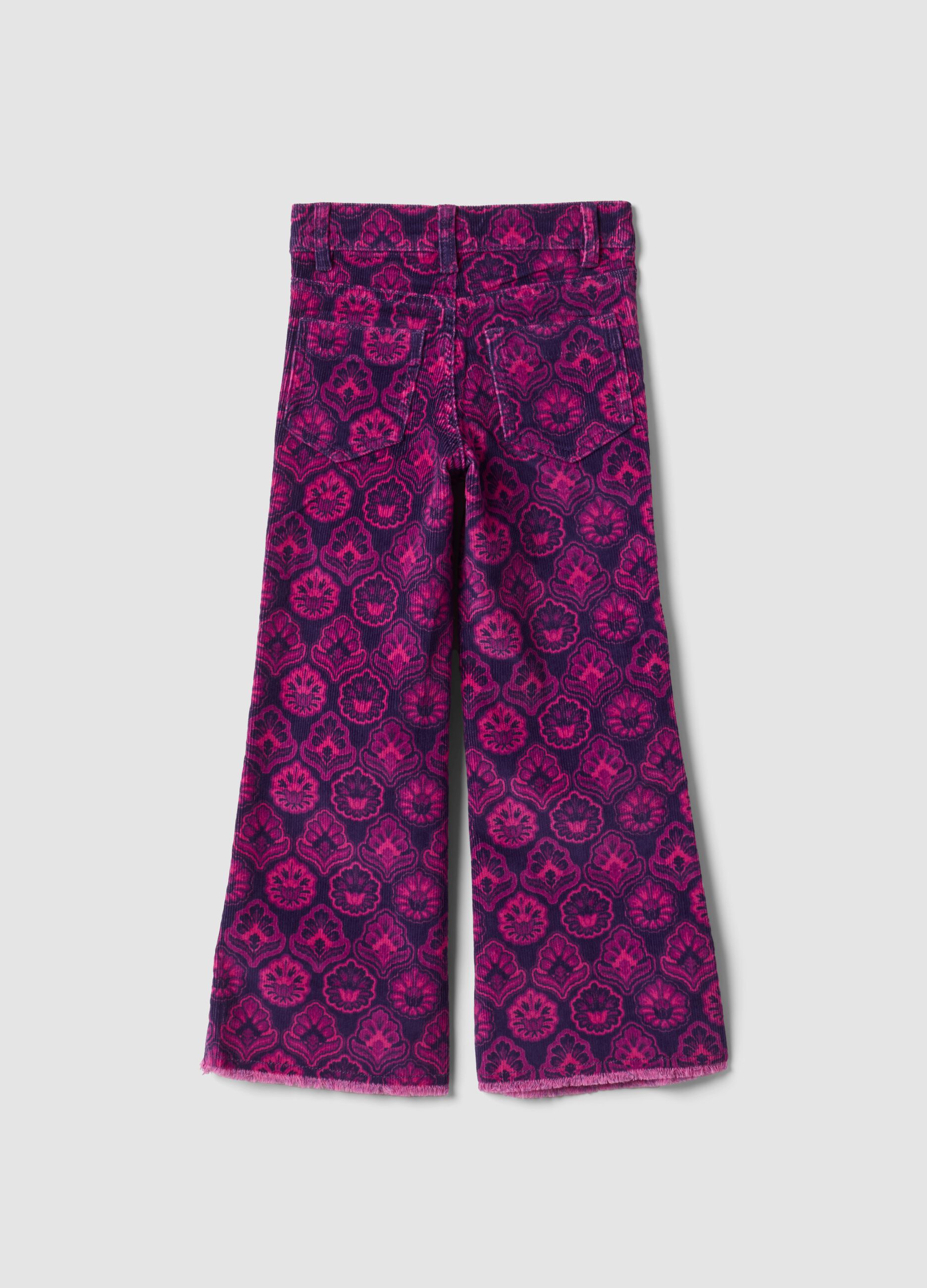 Purple flared ribbed stretch-cotton trousers with floral print