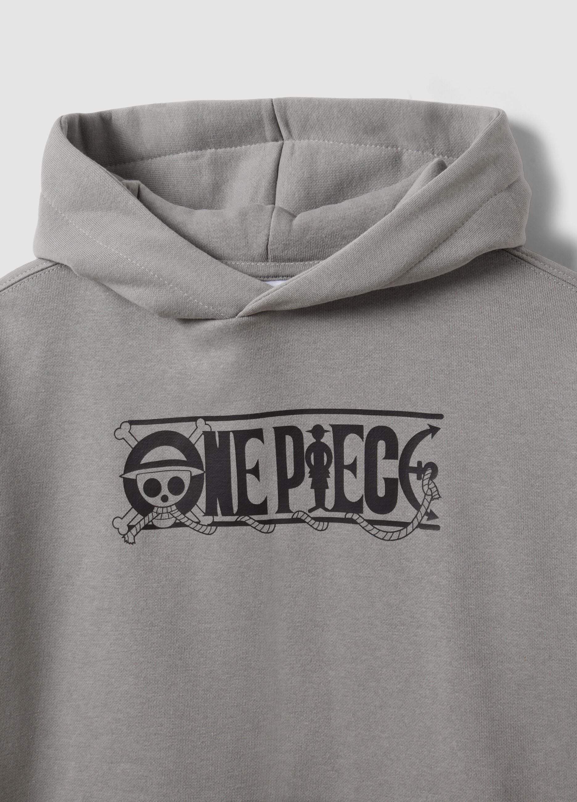 Grey hooded sweatshirt in cotton blend with One Piece print, oversized fit